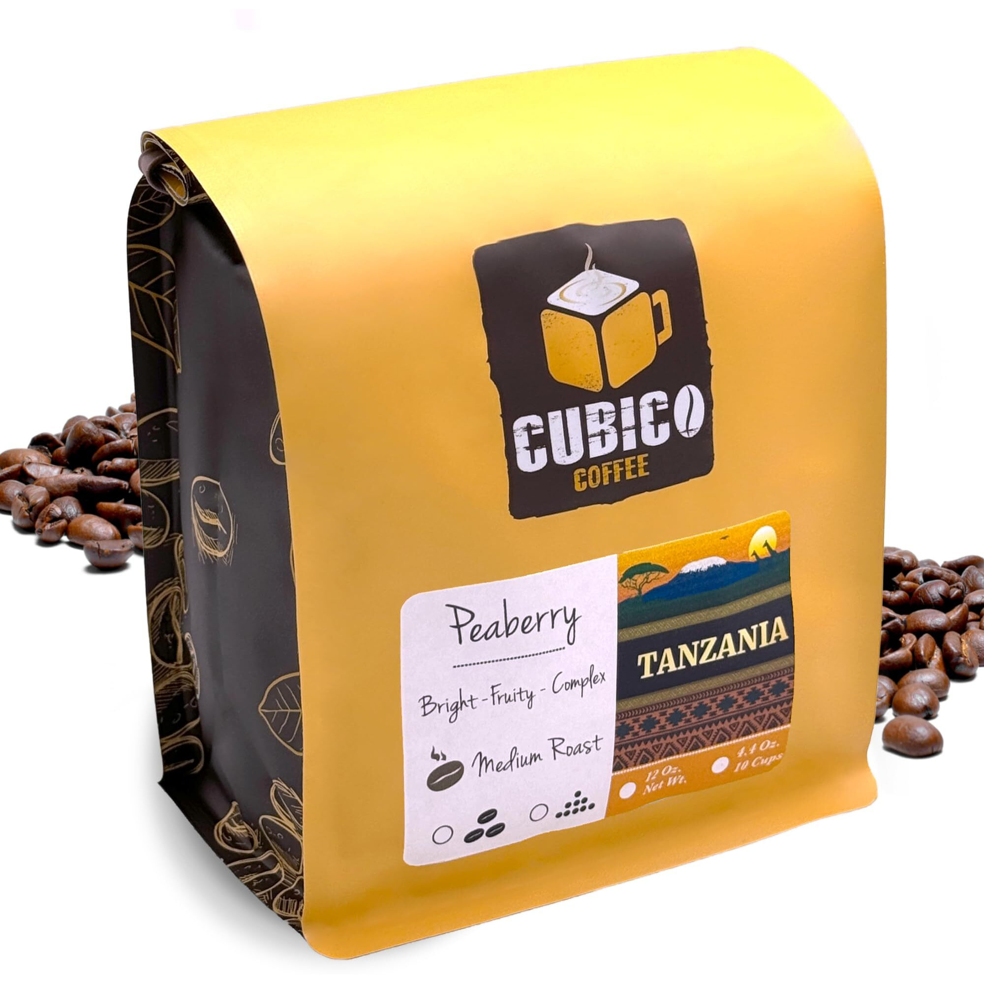Tanzanian Peaberry Coffee, Whole Bean Coffee, Premium Tanzania Peaberry Single Origin Fresh Roasted Coffee Beans | Cubico Coffee | 12 Ounce Bag