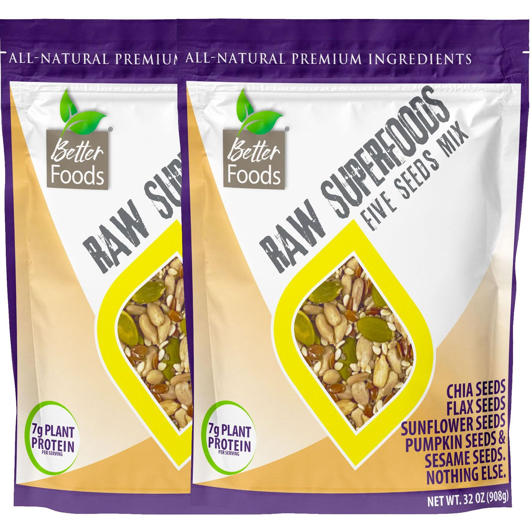 Betterfoods Raw Superfoods Five Seeds Mix | Pumpkin, Sunflower, Chia, Flax, Sesame Seeds Blend For Salads & Snacking | 7G Protein, 1G Net Carbs, High Fiber, Non-Gmo, Gluten & Soy-Free | 32Oz, 2 Pack