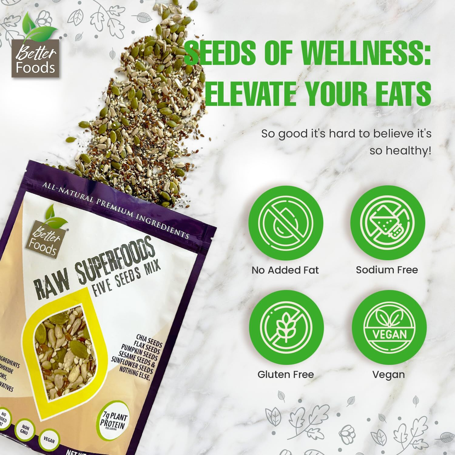 Betterfoods Raw Superfoods Five Seeds Mix | Pumpkin, Sunflower, Chia, Flax, Sesame Seeds Blend For Salads & Snacking | 7G Protein, 1G Net Carbs, High Fiber, Non-Gmo, Gluten & Soy-Free | 32Oz, 2 Pack