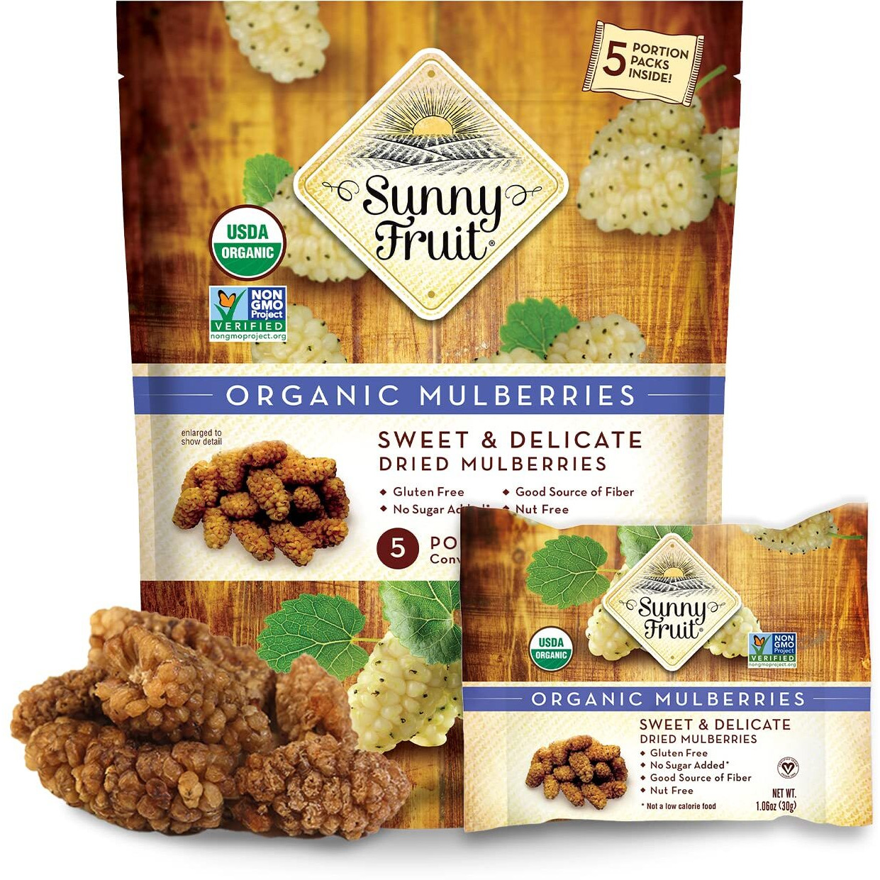 Sunny Fruit Soft Organic Turkish Dried Mulberries - 1 Bag (5 Individual Portion Packs) | Healthy, Convenient Superfood Snack Packs | Organic, Non-Gmo, Vegan, Halal, No Preservatives, No Sugar Added