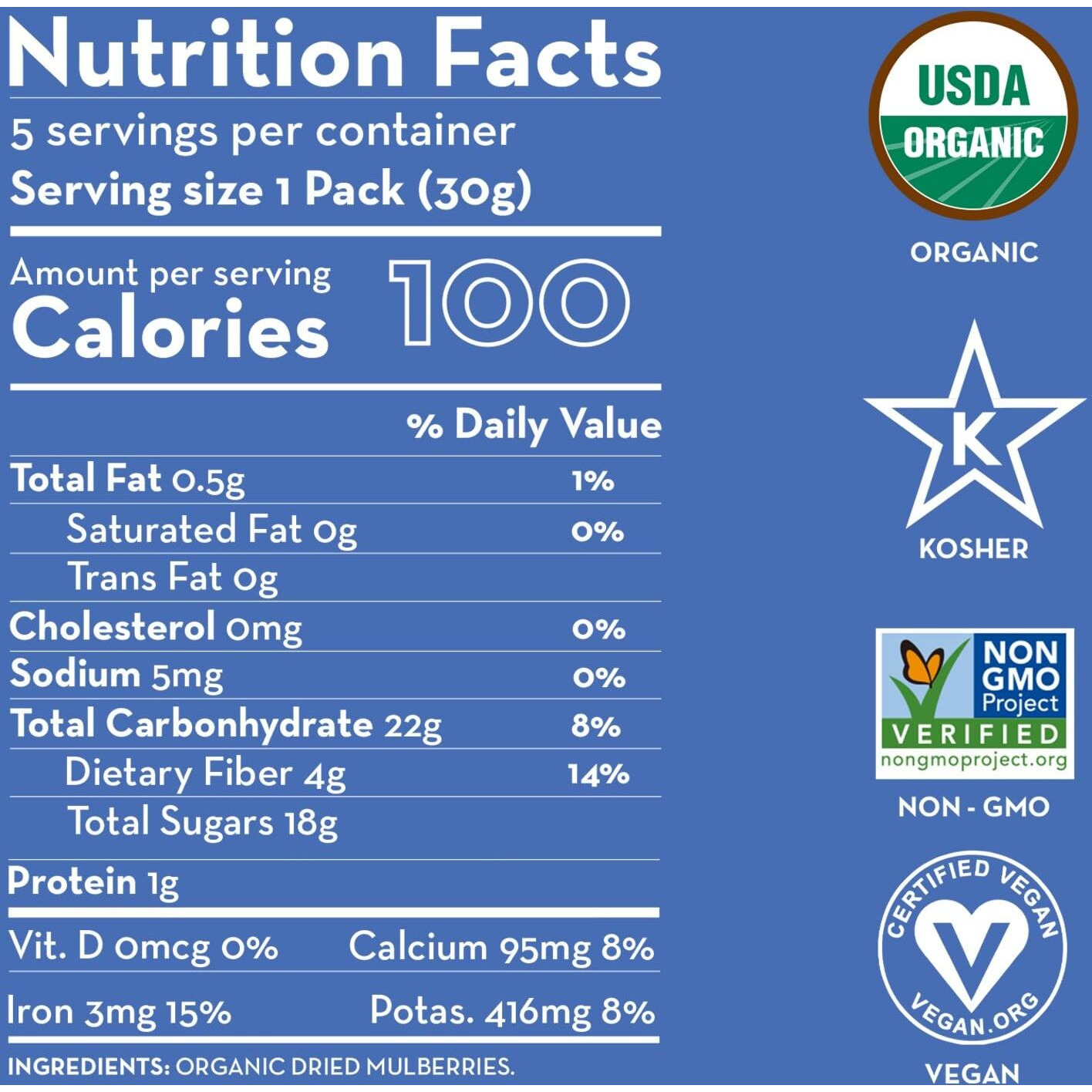 Sunny Fruit Soft Organic Turkish Dried Mulberries - 1 Bag (5 Individual Portion Packs) | Healthy, Convenient Superfood Snack Packs | Organic, Non-Gmo, Vegan, Halal, No Preservatives, No Sugar Added