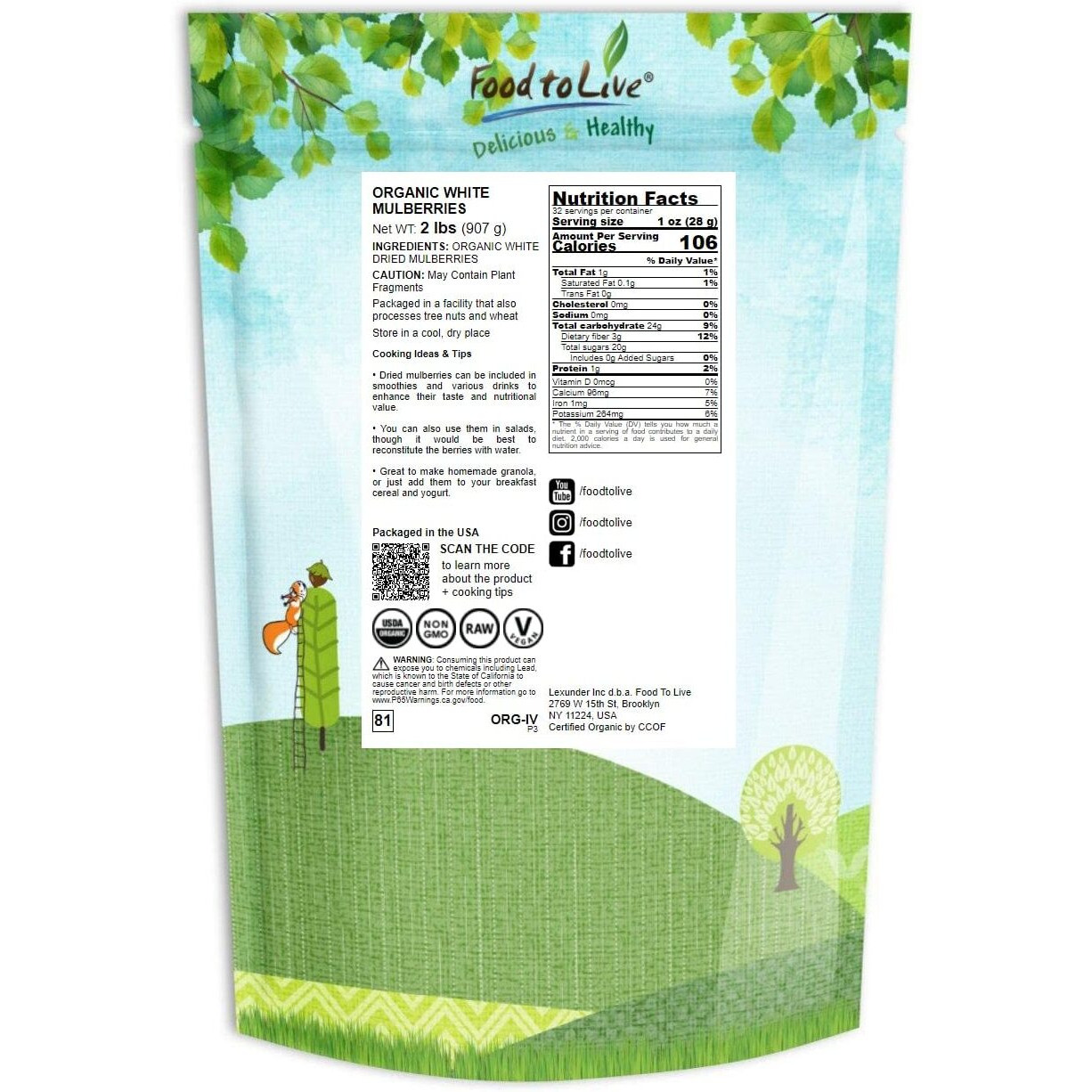 Food To Live Organic Dried White Mulberries, 2 Pounds - Non-Gmo, Unsulfured, Bulk