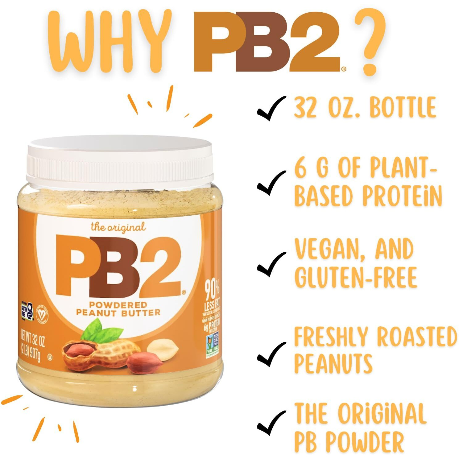 Pb2 Original Powdered Peanut Butter - 6G Of Protein, 90% Less Fat, Certified Gluten Free, Only 60 Calories Per Serving, Perfect For Protein Shakes, Smoothies, And Low-Carb, Keto Diets