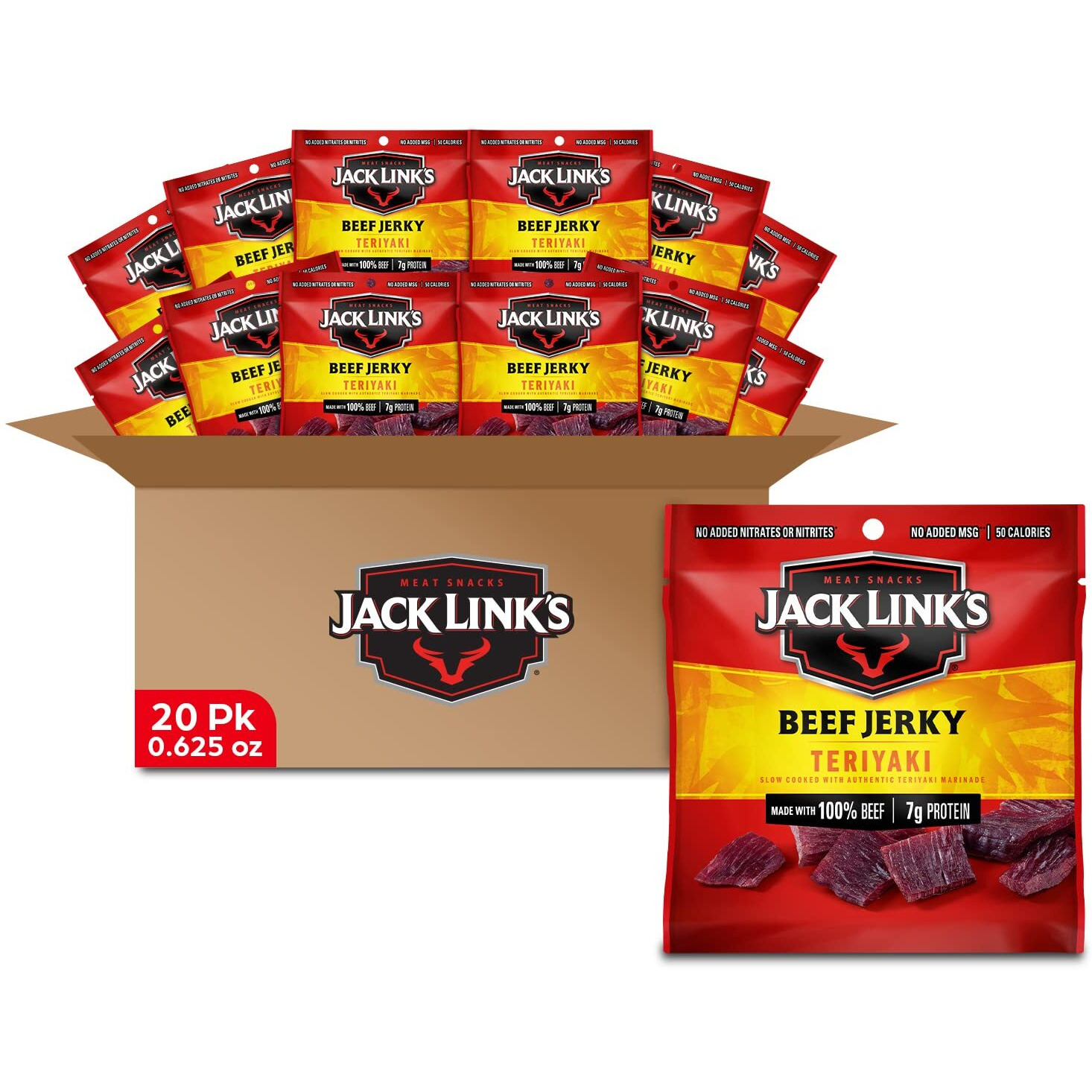 Jack Link's Beef Jerky, Teriyaki, Multipack Bags - Flavorful Meat Snack For Lunches, Ready To Eat - 7G Of Protein, Made With Premium Beef, No Added Msg** - 0.625 Oz (Pack Of 20)