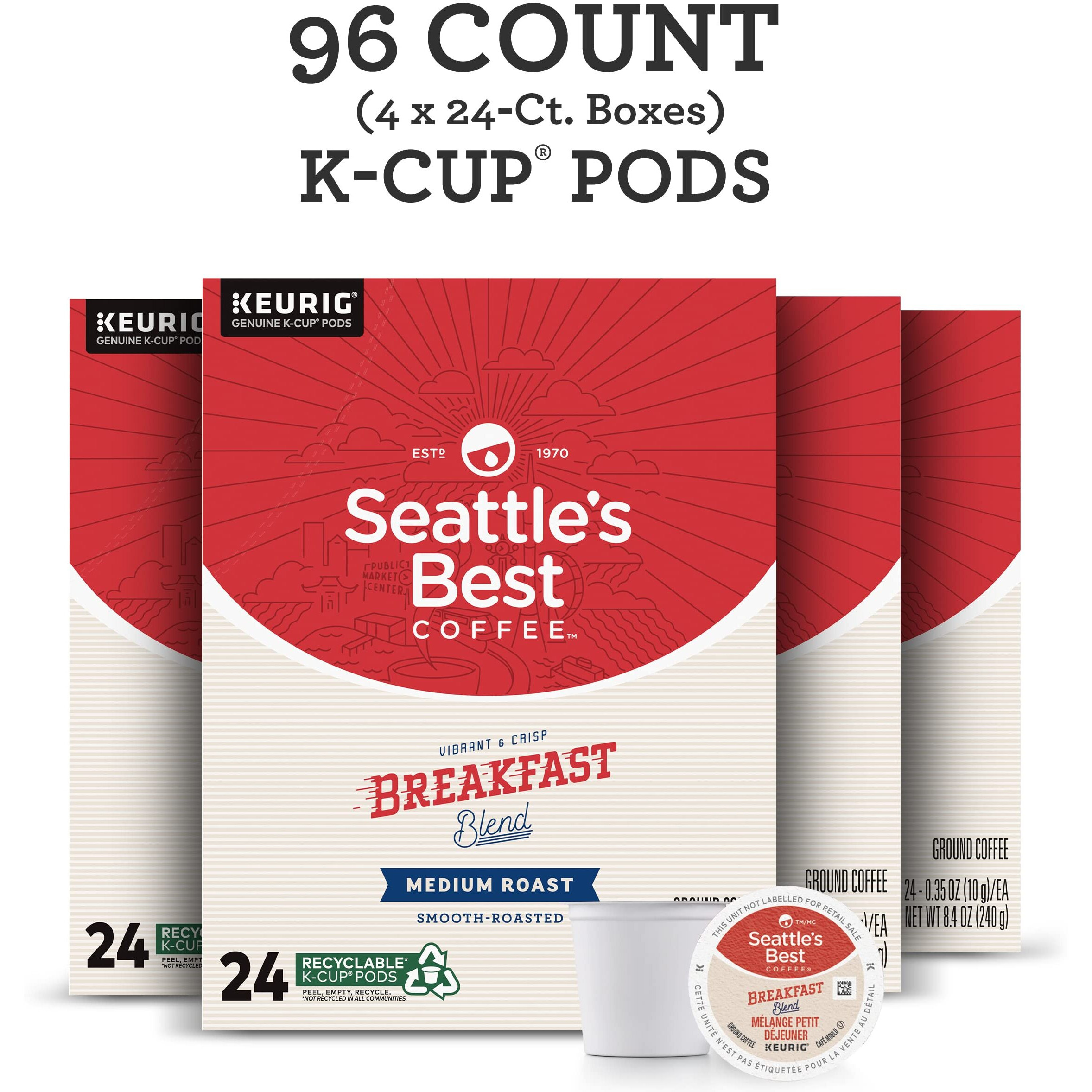 Seattle's Best Coffee K-Cup Coffee Pods-Medium Roast Coffee-Breakfast Blend For Keurig Brewers, 100% Arabica-4 Boxes (96 Pods Total)
