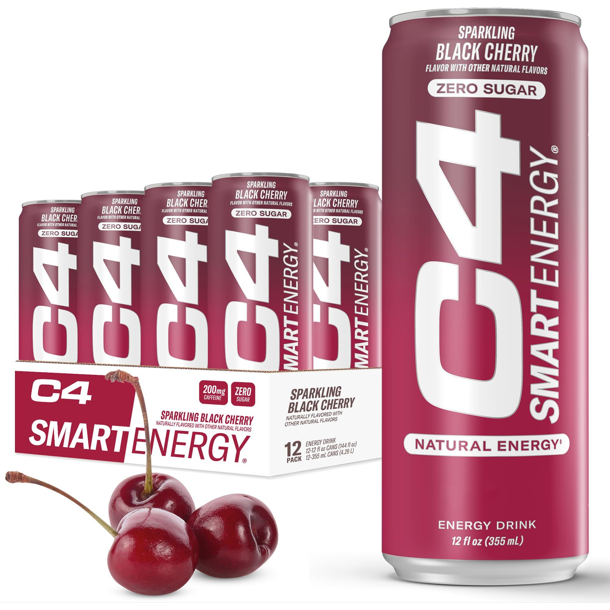 C4 Smart Energy Drink - Sugar Free Performance Fuel & Nootropic Brain Booster, Coffee Substitute Or Alternative | Black Cherry 12 Oz - 12 Pack