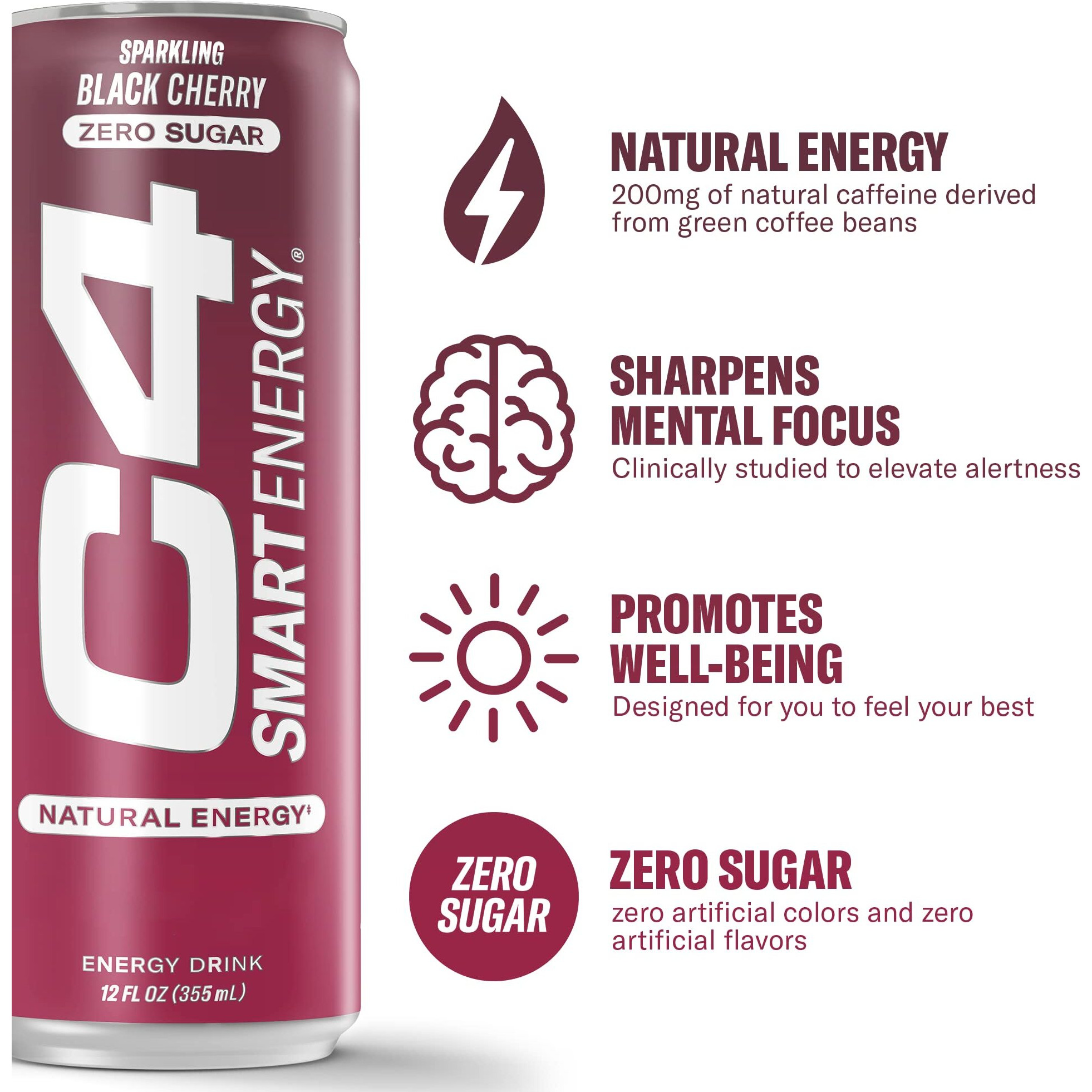 C4 Smart Energy Drink - Sugar Free Performance Fuel & Nootropic Brain Booster, Coffee Substitute Or Alternative | Black Cherry 12 Oz - 12 Pack