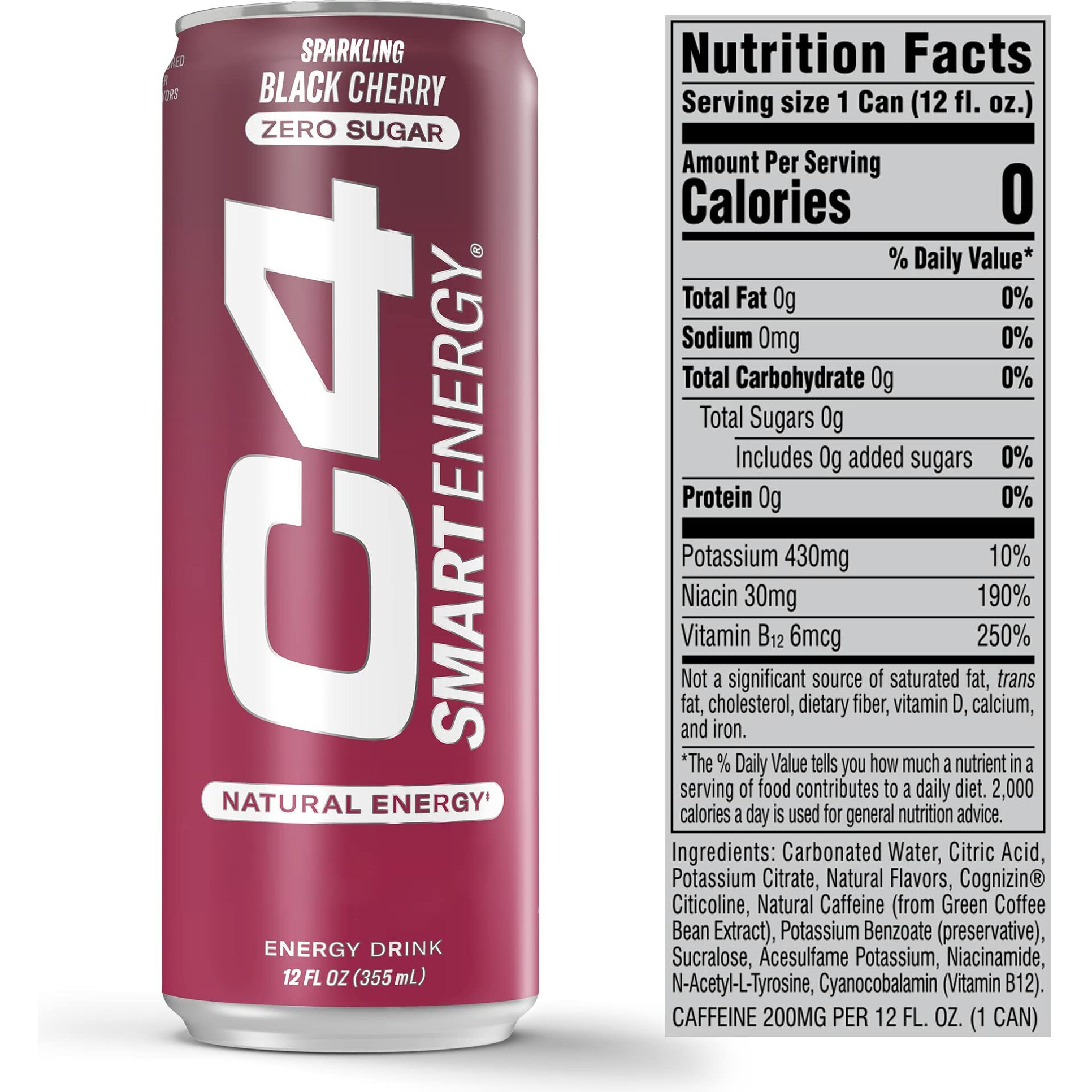 C4 Smart Energy Drink - Sugar Free Performance Fuel & Nootropic Brain Booster, Coffee Substitute Or Alternative | Black Cherry 12 Oz - 12 Pack