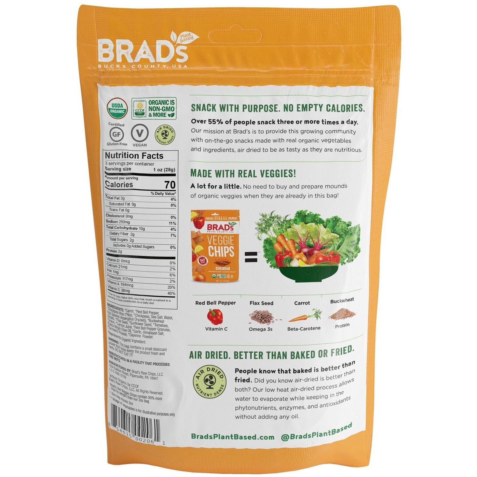 Brad's Plant Based Organic Veggie Chips, Cheddar, 12 Bags, 36 Servings Total