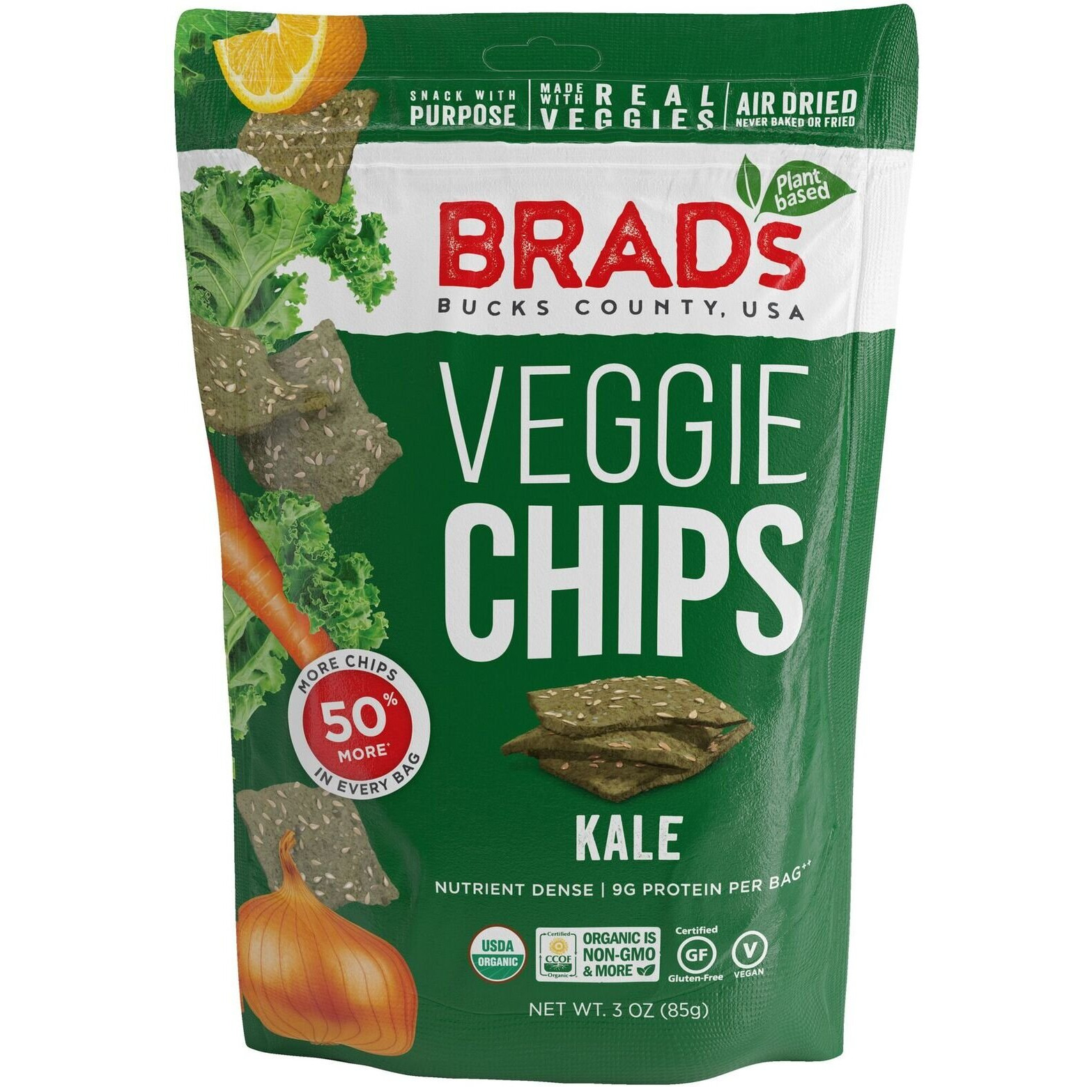 Brad's Plant Based Organic Veggie Chips, Kale, 3 Bags,9 Servings Total