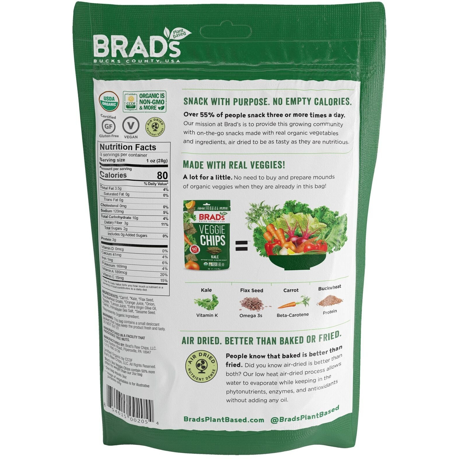 Brad's Plant Based Organic Veggie Chips, Kale, 3 Bags,9 Servings Total