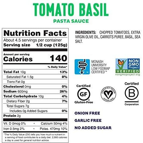 Fody Foods Tomato Basil Pasta Sauce, 19.4 Ounces, Low Fodmap Certified, Sensitive Recipe & Gut Friendly, Premium Quality Ingredients, Non-Gmo, Pack Of 3, Packaging May Vary