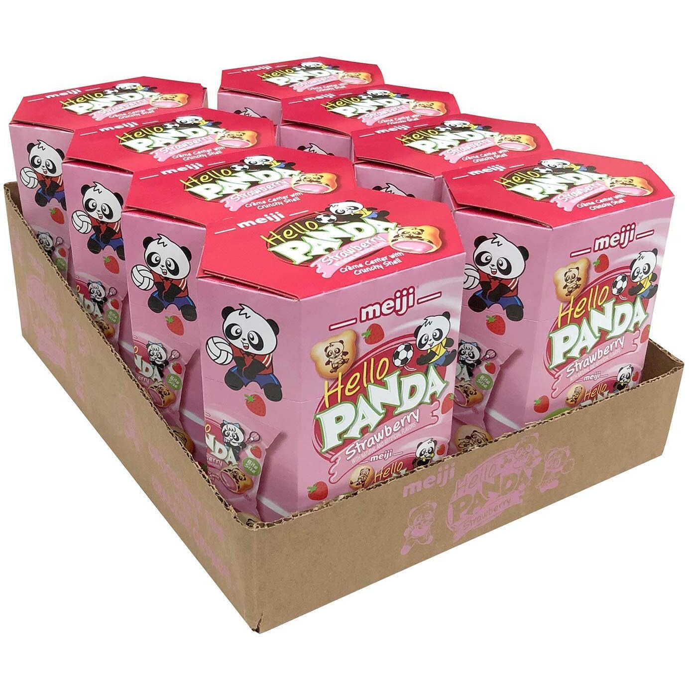 Meiji Hello Panda Cookies, Strawberry Crme Filled - 6 Oz, Pack Of 8, 64 Bags Total - Bite Sized Cookies With Fun Panda Sports