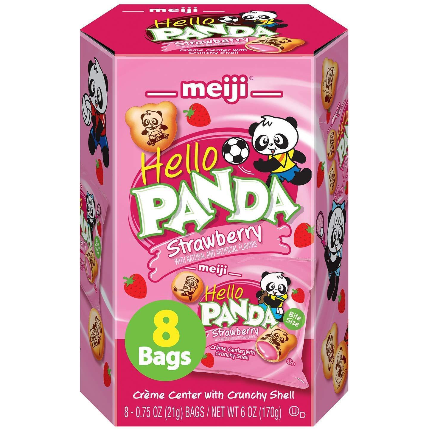 Meiji Hello Panda Cookies, Strawberry Crme Filled - 6 Oz, Pack Of 8, 64 Bags Total - Bite Sized Cookies With Fun Panda Sports