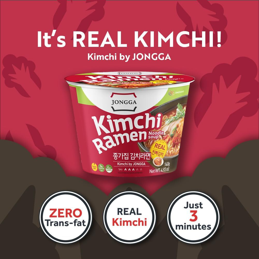 Jongga Kimchi Ramen With Real Kimchi 2.9 Oz Pack Of 6, Korean Instant Hot And Spicy Noodle Soup, Authentic Savory Ramen Bowl, Quick And Convenient