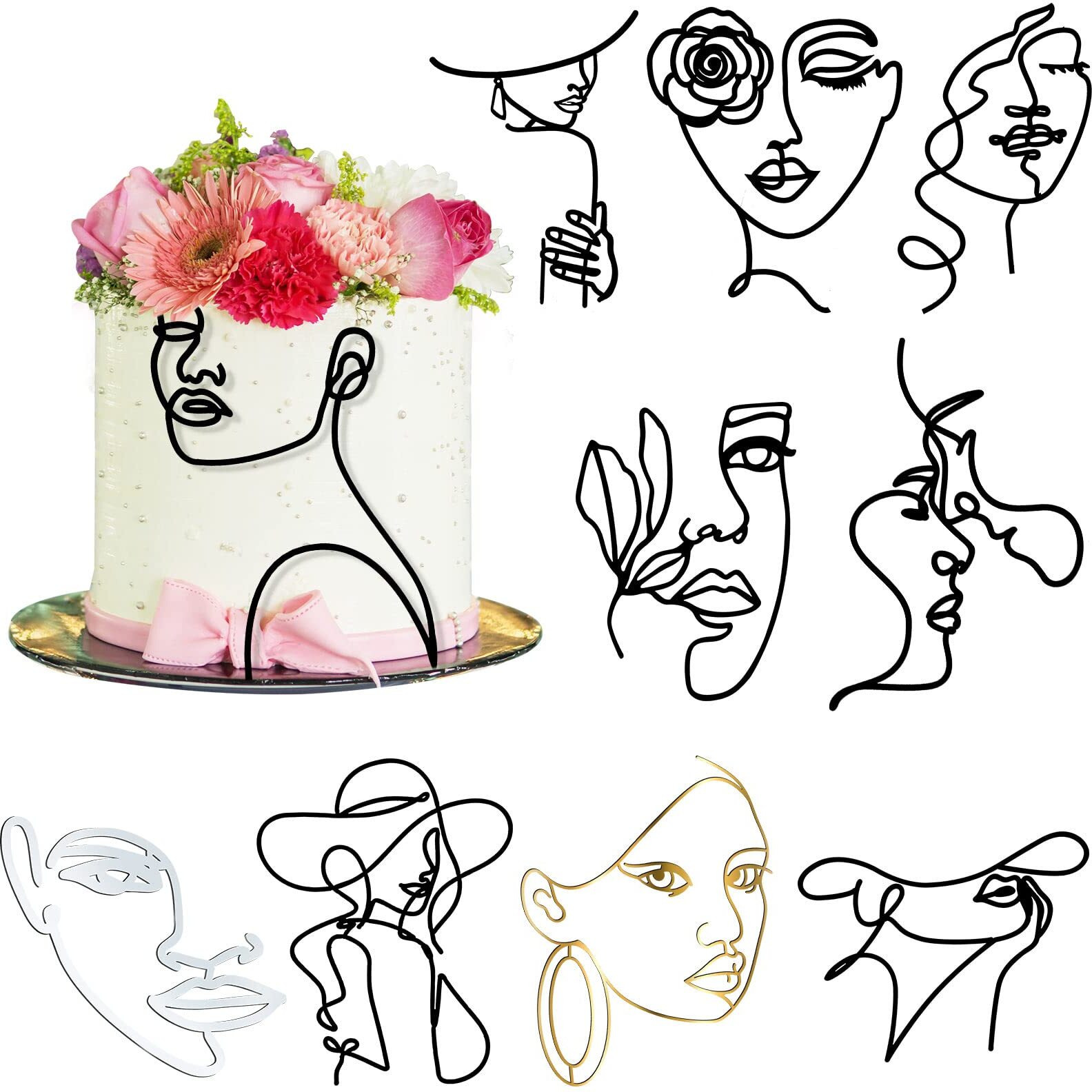 Marsui 10 Pcs Boho Lady Face Cake Topper Acrylic Minimalist Lady Cake Toppers Happy Birthday Cake Decoration For Women Wedding Bridal Shower Party Supplies(Black, Gold, Silver,Lively Style)