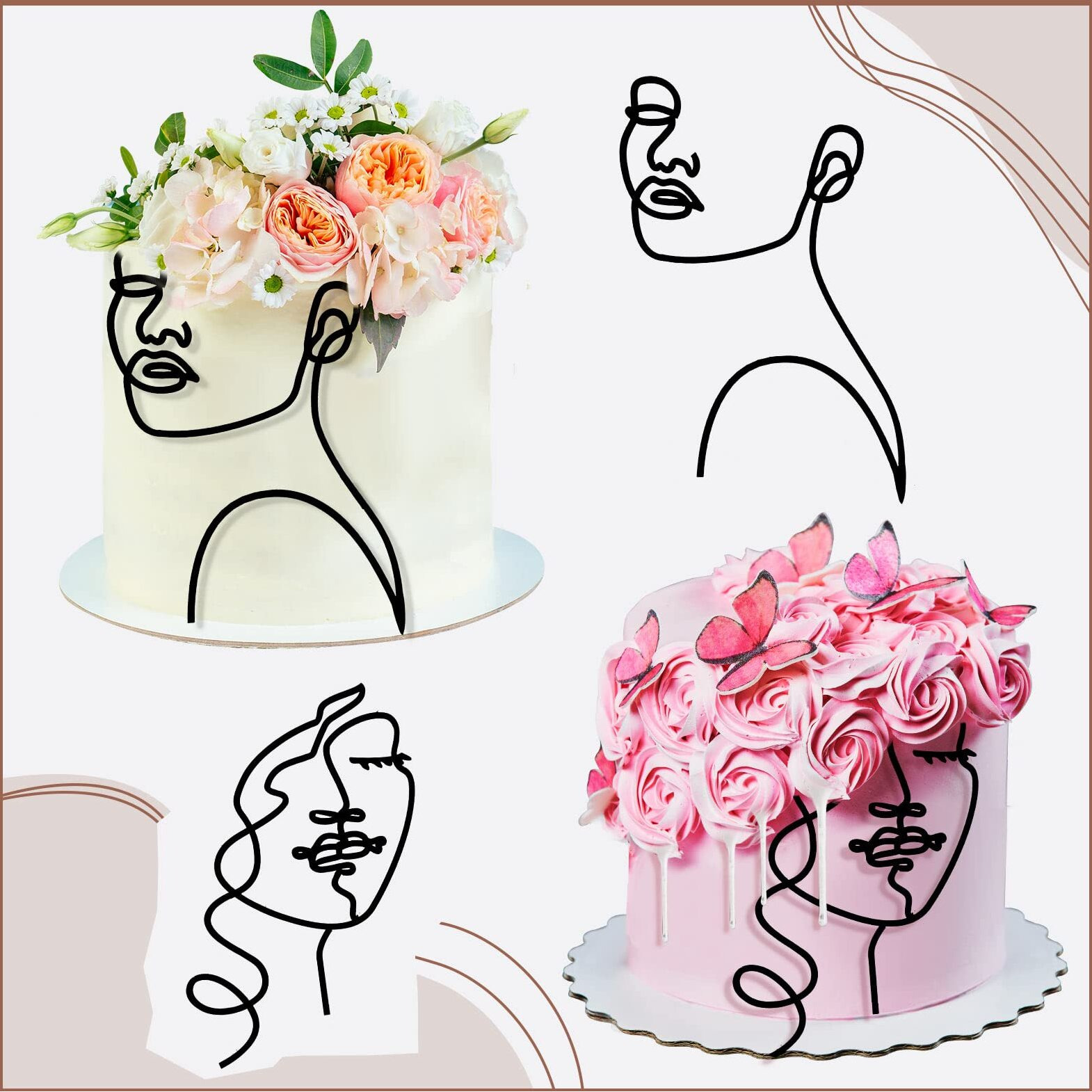 Marsui 10 Pcs Boho Lady Face Cake Topper Acrylic Minimalist Lady Cake Toppers Happy Birthday Cake Decoration For Women Wedding Bridal Shower Party Supplies(Black, Gold, Silver,Lively Style)