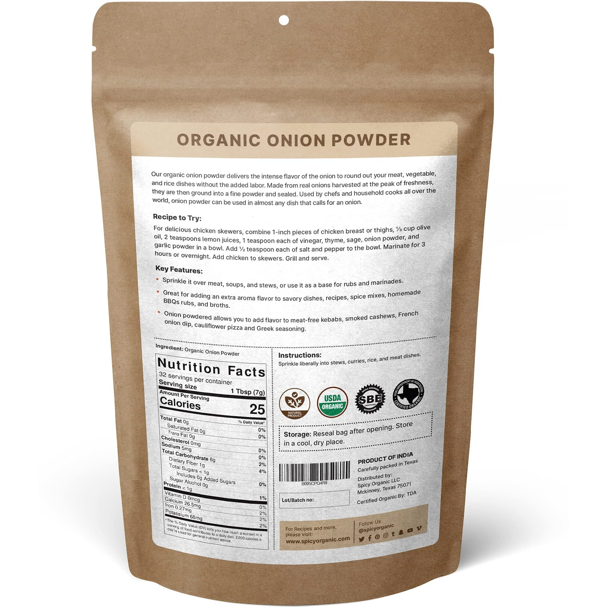 Spicy Organic Onion Powder - 8 Oz. - Certified Usda Organic - Non-Gmo - White Onion Powder Seasoning For Dressings, Dips, Casseroles, Meat, Poultry, Baking, Sauces, Gravies, And Flavoring For Snacks