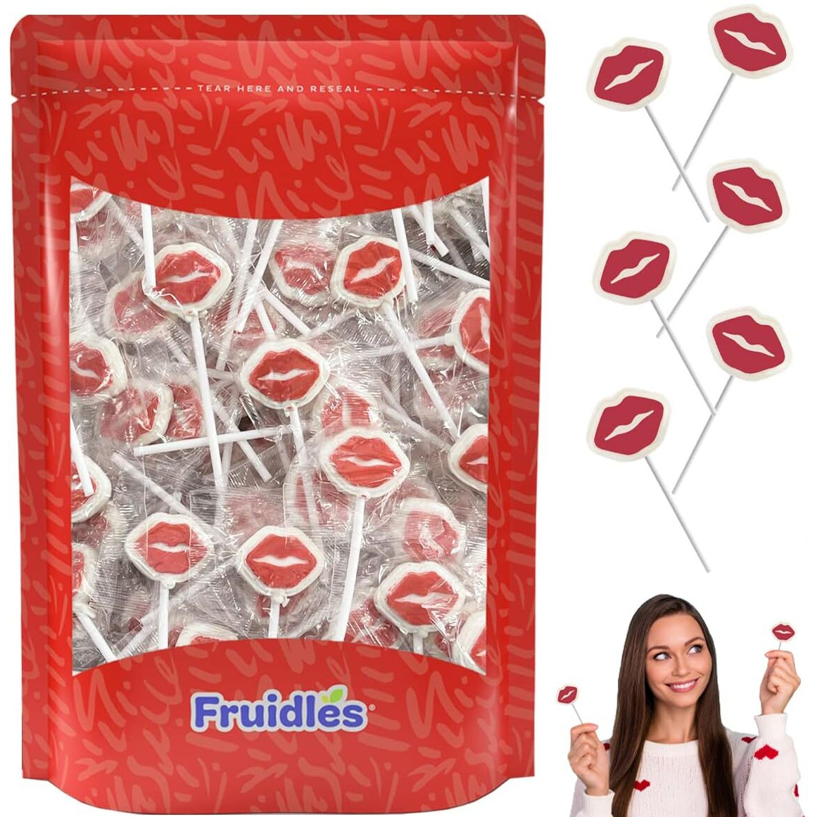 Fruidles Valentine's Day Red Lips Lollipop Sucker, White Lip Shaped Lollipop With Red Lips, Individually Wrapped Candy (Half-Pound)
