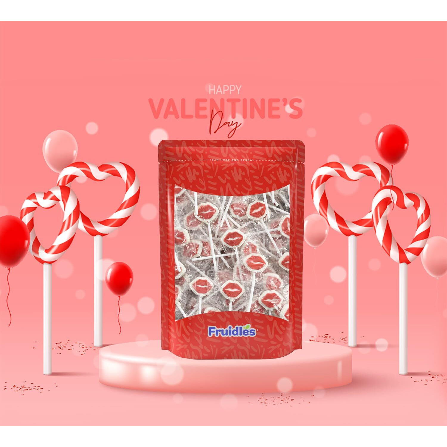 Fruidles Valentine's Day Red Lips Lollipop Sucker, White Lip Shaped Lollipop With Red Lips, Individually Wrapped Candy (Half-Pound)