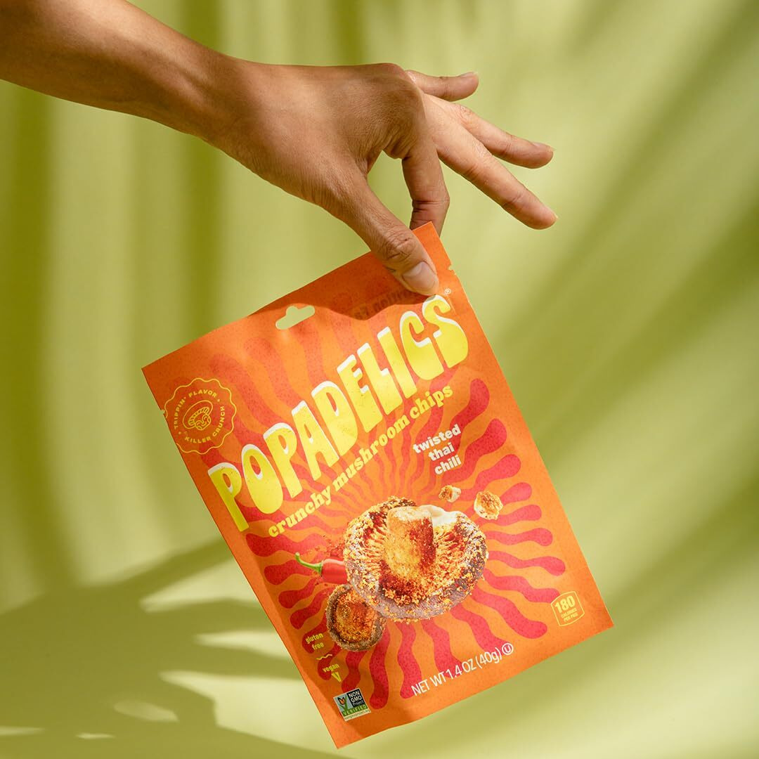 Popadelics Crunchy Mushroom Chips Twisted Thai Chili Shiitake Mushroom Crisps, Lightly Cooked And Seasoned, Vegan Chips, Vegan Snacks, Vegan Food, 1.4 Oz Ea (6 Count)