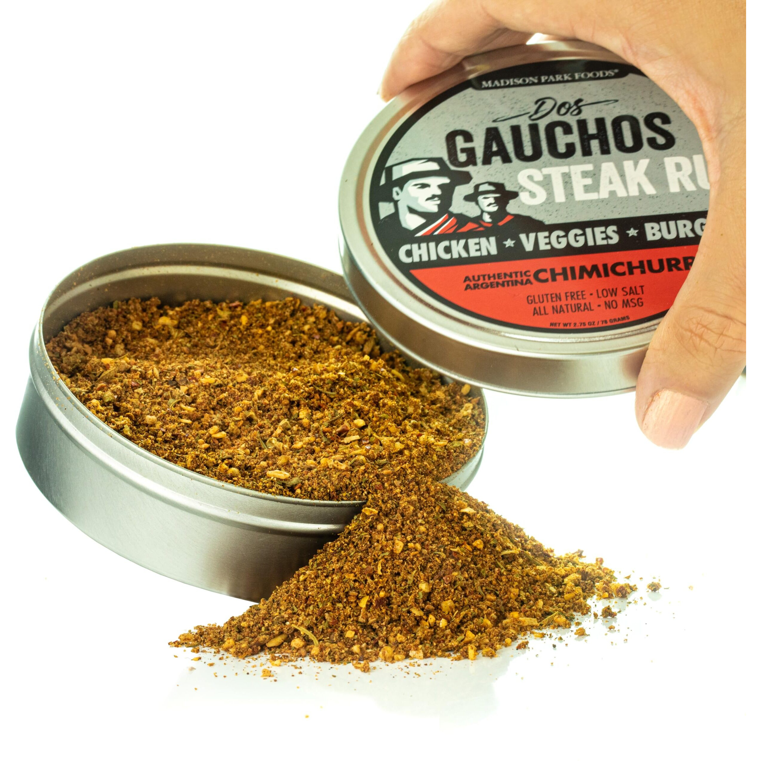 2-Dos Gauchos Steak Rub Argentine Chimichurri Seasoning - Easy Chimichurri Sauce And Authentic Marinade - Argentina Food And Gifts, Grill, Smoke, Roast, Natural Gluten Free Low Salt No Sugar Or Msg, Madison Park Foods, 2.75 Ounce Spice Tin