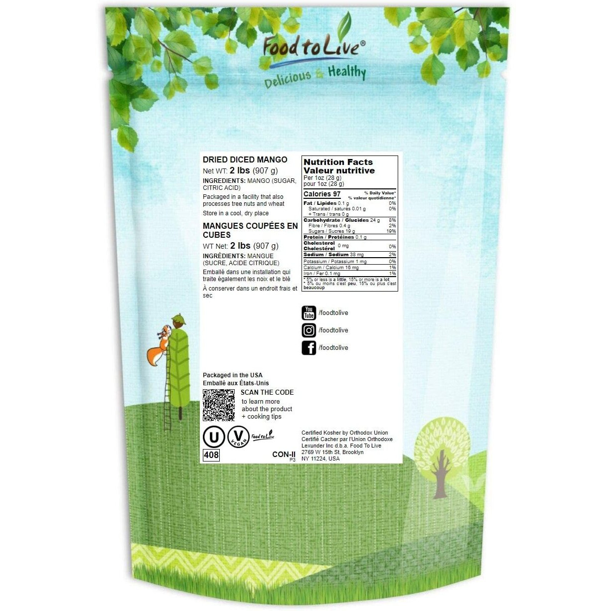 Food To Live Dried Diced Mango, 2 Pounds Sweetened, Unsulfured, Sulfite Free Chunks, No Added Color, No Artificial Flavors, Kosher Tropical Fruit, Vegan, Bulk