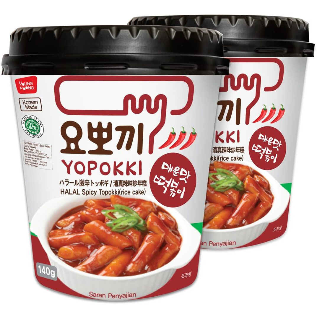 Yopokki Instant Halal Tteokbokki Cup (Hot Spicy, Cup Of 2) Korean Street Food With Hot Spicy Sauce Topokki Rice Cake - Quick & Easy To Prepare