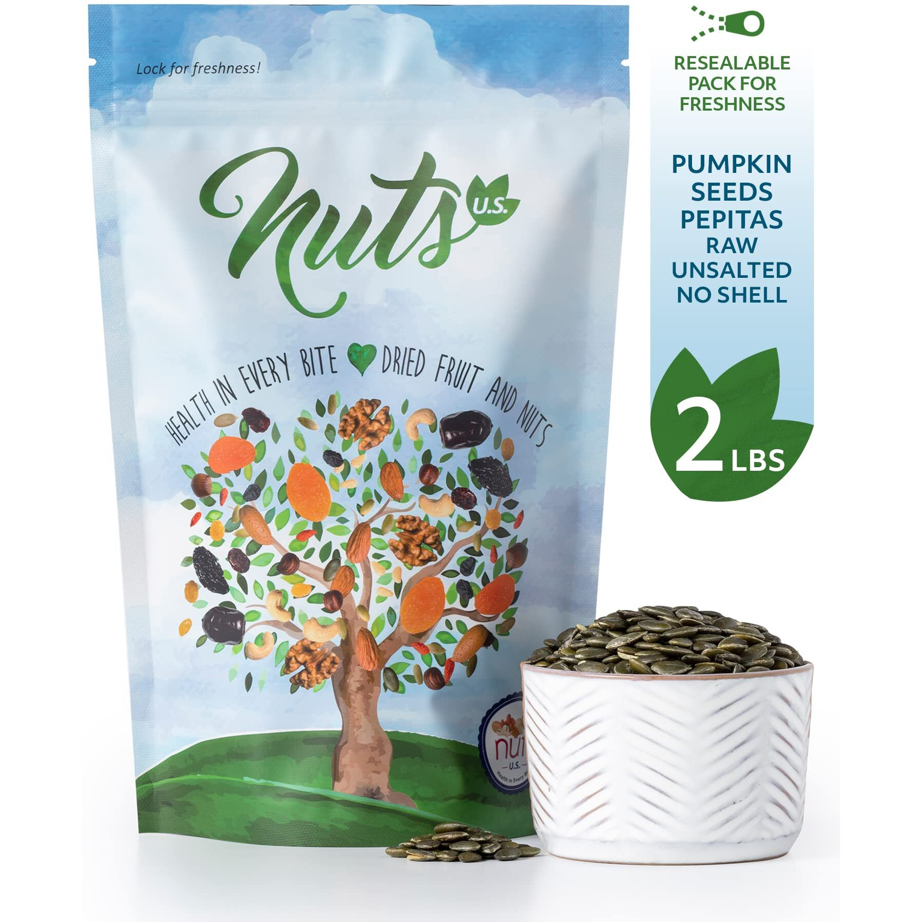 Nuts U.S. - Pumpkin Seeds (Pepitas) | Raw And Unsalted | No Shell | Aa Grade | Vegan And Gluten Free | Packed In A Resealable Bag (2 Lb)