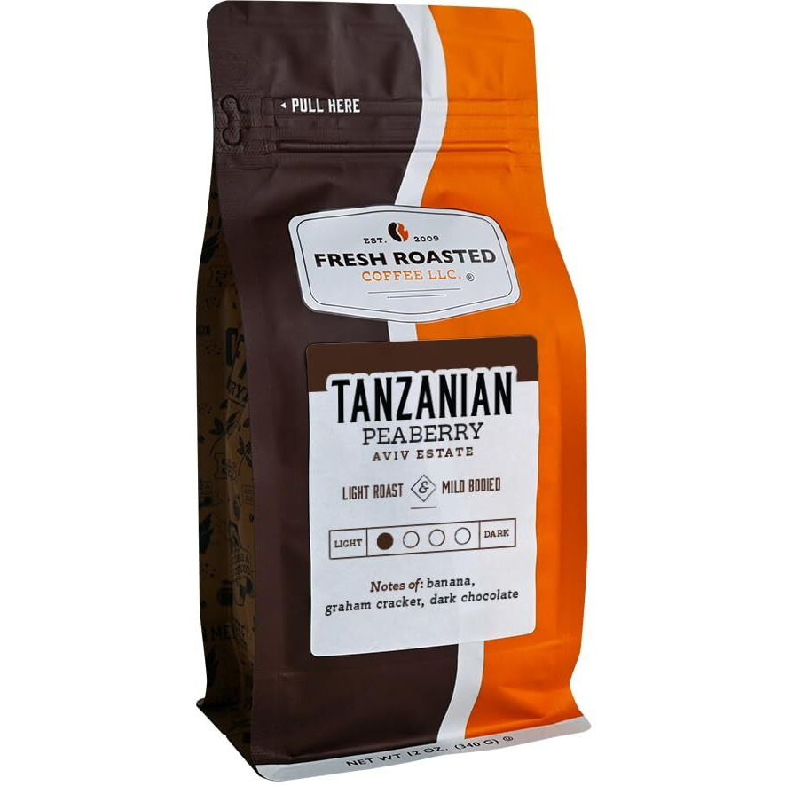 Fresh Roasted Coffee, Tanzanian Peaberry, 12 Oz, Light Roast, Kosher, Ground