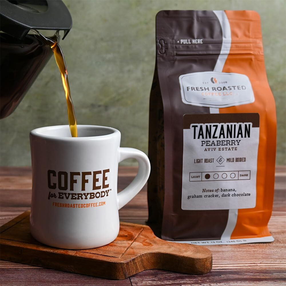 Fresh Roasted Coffee, Tanzanian Peaberry, 12 Oz, Light Roast, Kosher, Ground