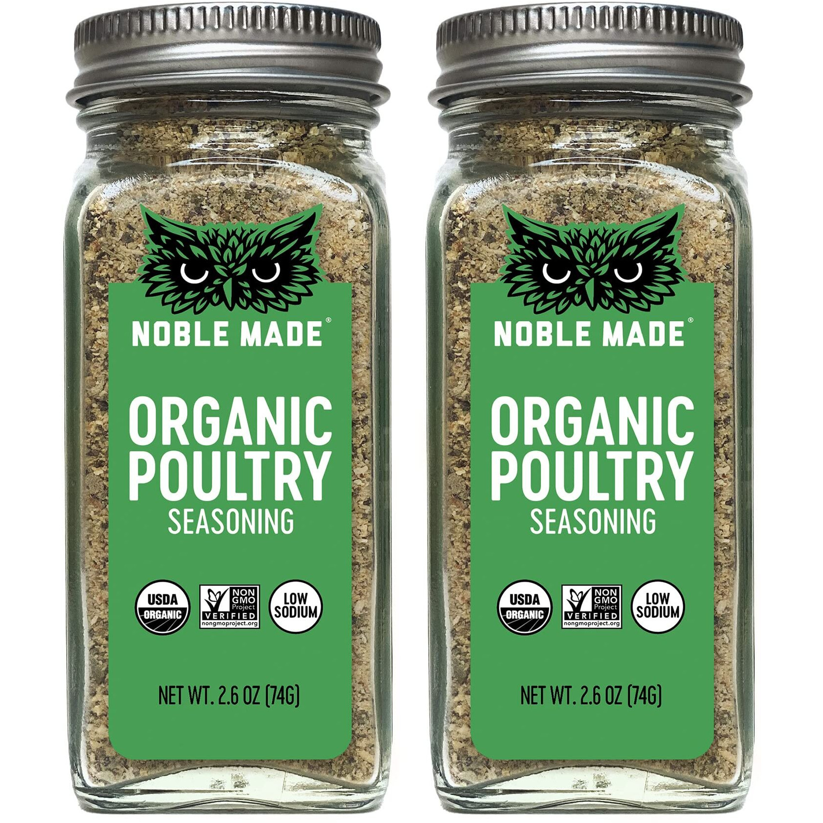 Noble Made Classic Organic Poultry Seasoning, Keto Friendly, Gluten Free, Sugar Free, Usda Organic, Whole 30, Low Sodium, Great For Grilling, Savory Rub, Chicken, Turkey, 2 Ct Bundle, Glass Shakers