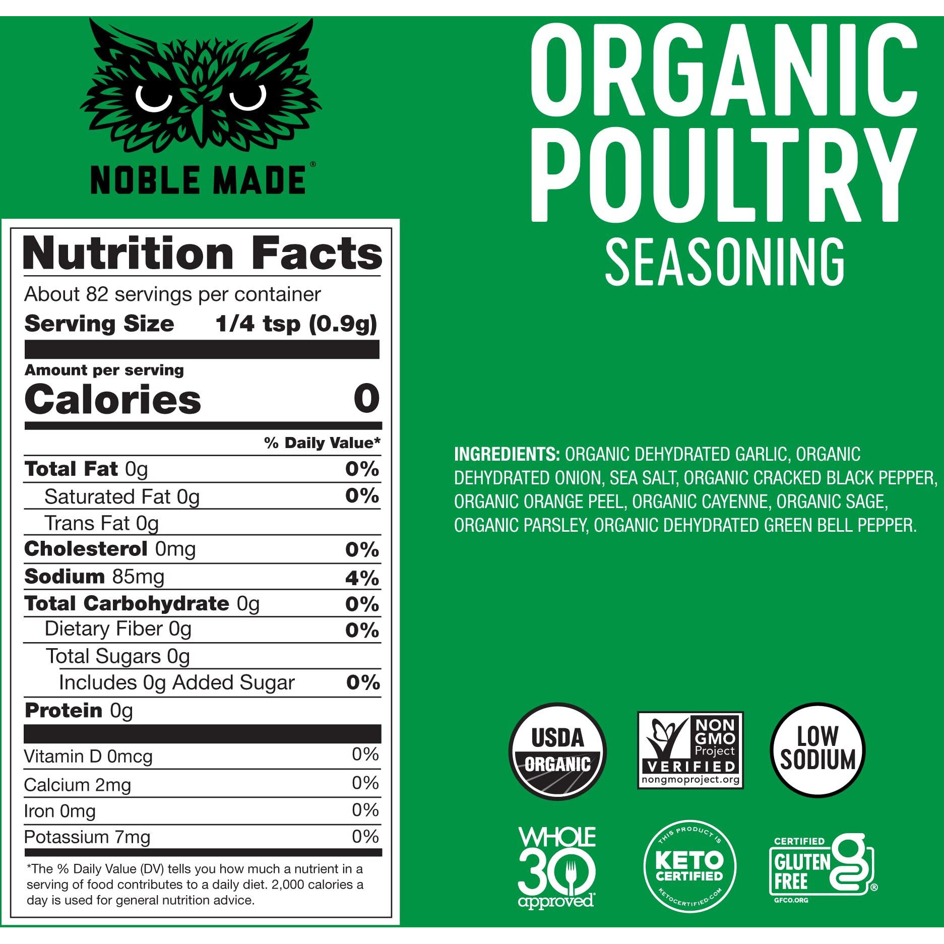 Noble Made Classic Organic Poultry Seasoning, Keto Friendly, Gluten Free, Sugar Free, Usda Organic, Whole 30, Low Sodium, Great For Grilling, Savory Rub, Chicken, Turkey, 2 Ct Bundle, Glass Shakers
