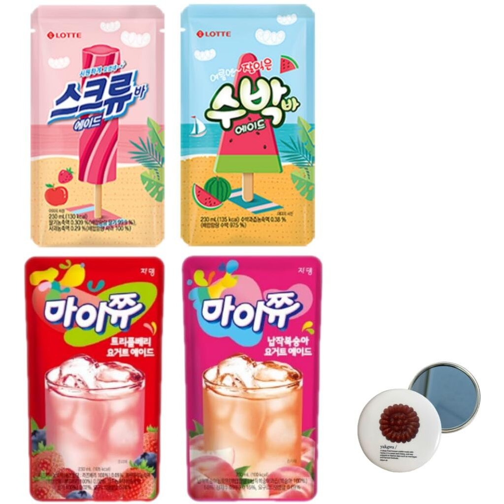 Korean Covenienve Store Drink Pouch Sampler Set - 5 Pack 10 Pack (Grape, Strawberry, Blue Lemonade, Peach Ice Tea, Shine Muscat) + Dalgaru Yakgwa Mirror (2024 Summer Ade 4 Pack)