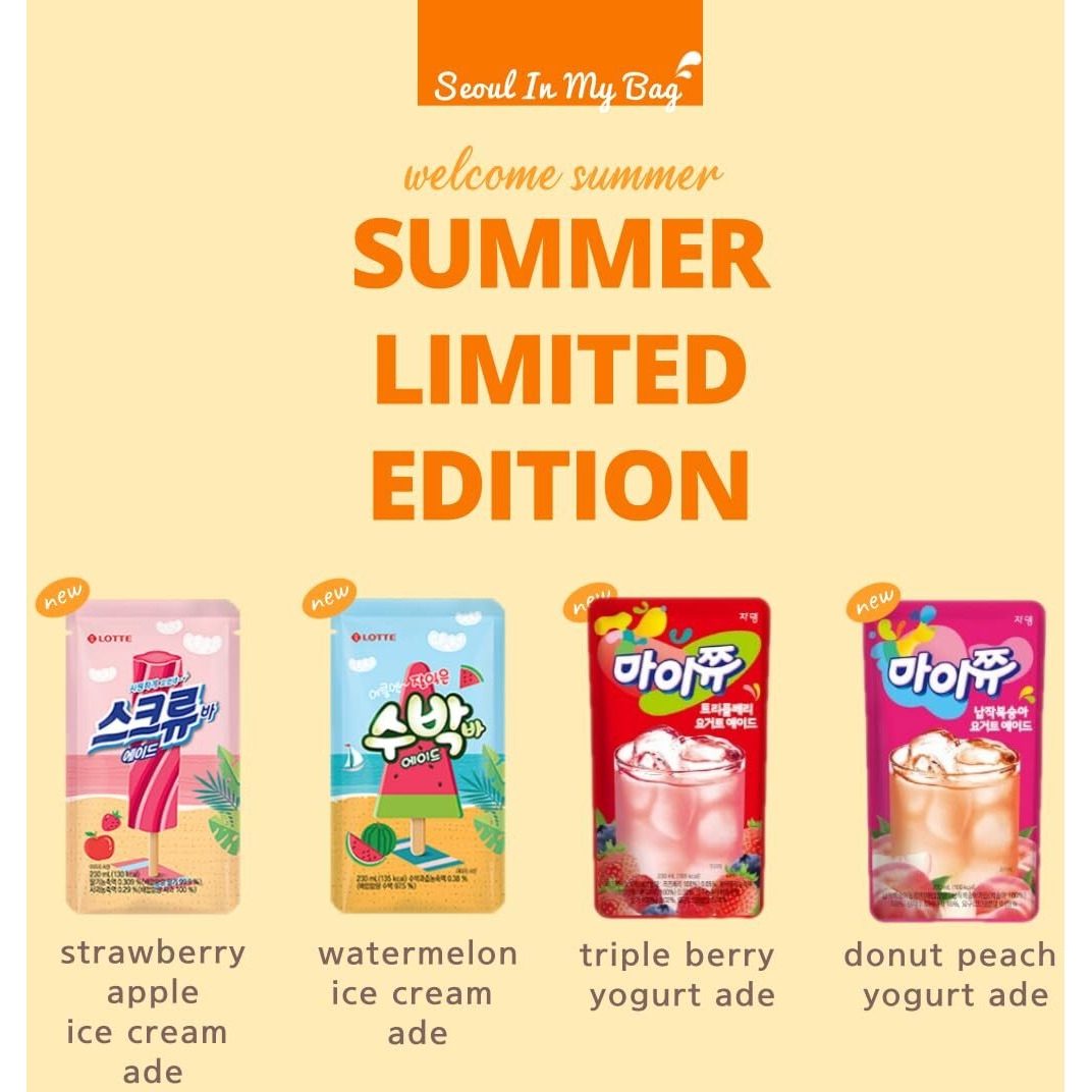 Korean Covenienve Store Drink Pouch Sampler Set - 5 Pack 10 Pack (Grape, Strawberry, Blue Lemonade, Peach Ice Tea, Shine Muscat) + Dalgaru Yakgwa Mirror (2024 Summer Ade 4 Pack)