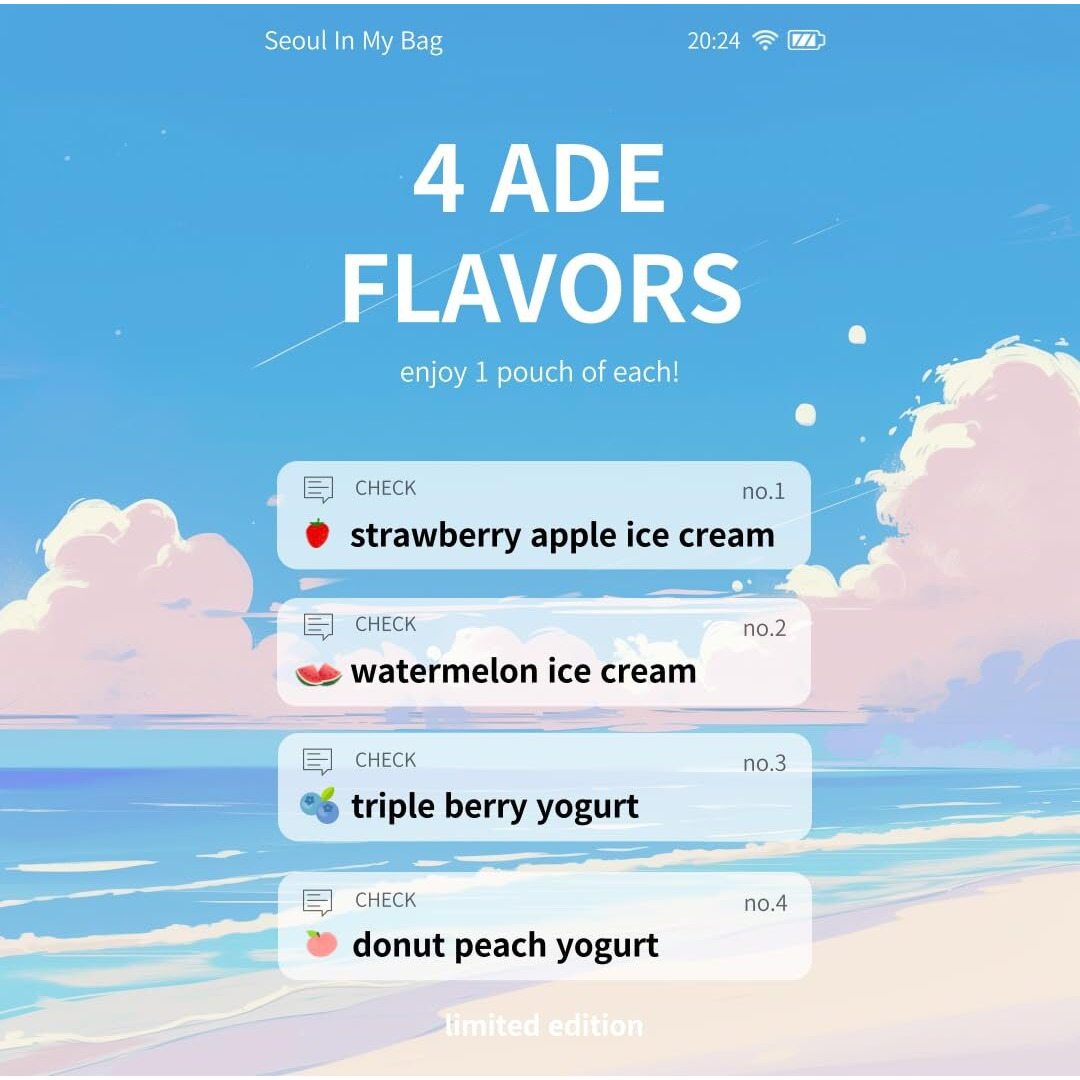 Korean Covenienve Store Drink Pouch Sampler Set - 5 Pack 10 Pack (Grape, Strawberry, Blue Lemonade, Peach Ice Tea, Shine Muscat) + Dalgaru Yakgwa Mirror (2024 Summer Ade 4 Pack)