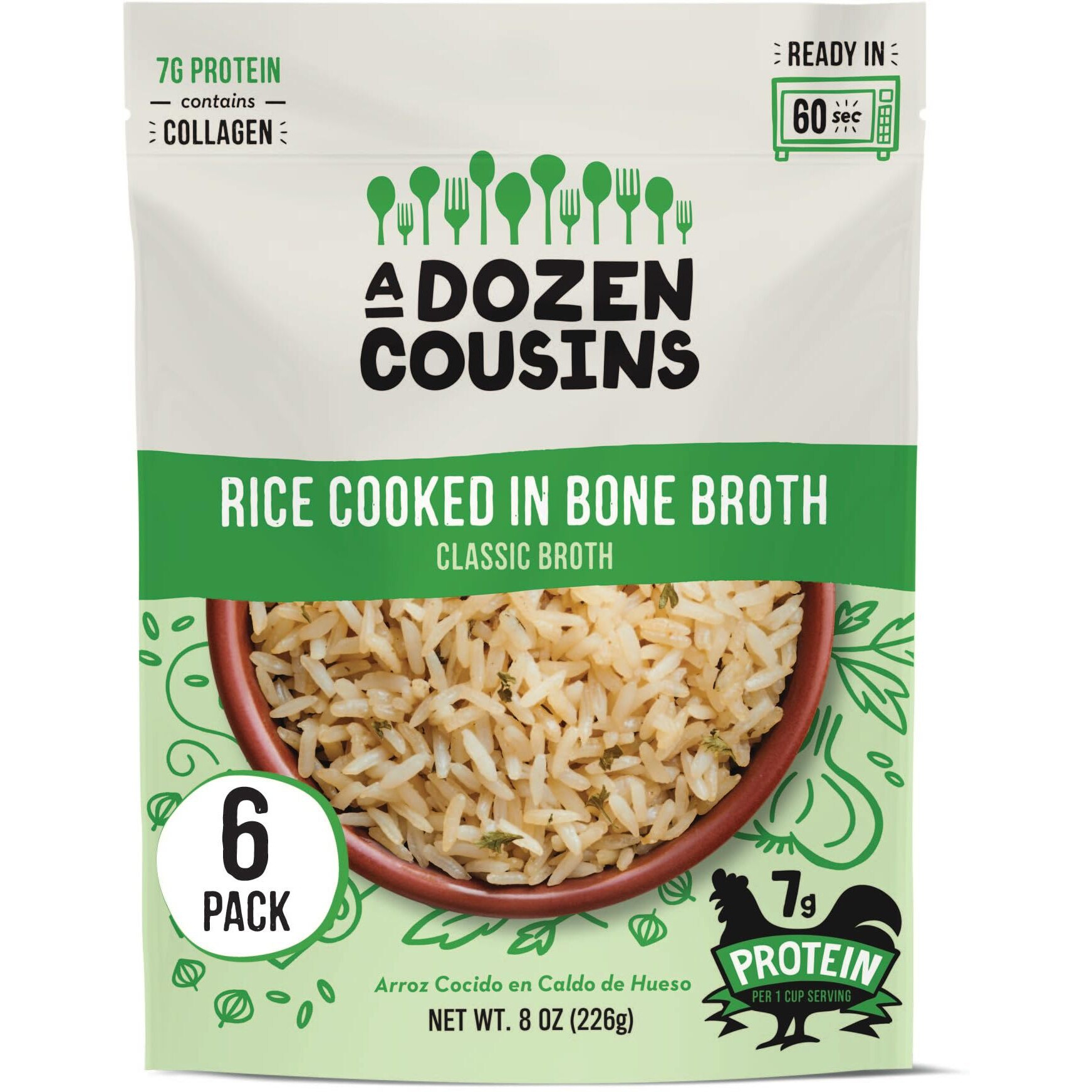 A Dozen Cousins Rice Cooked In Bone Broth Microwaveable Rice Packets | 7G Protein | Contains Collagen (Classic Chicken Broth, 6 Pack)