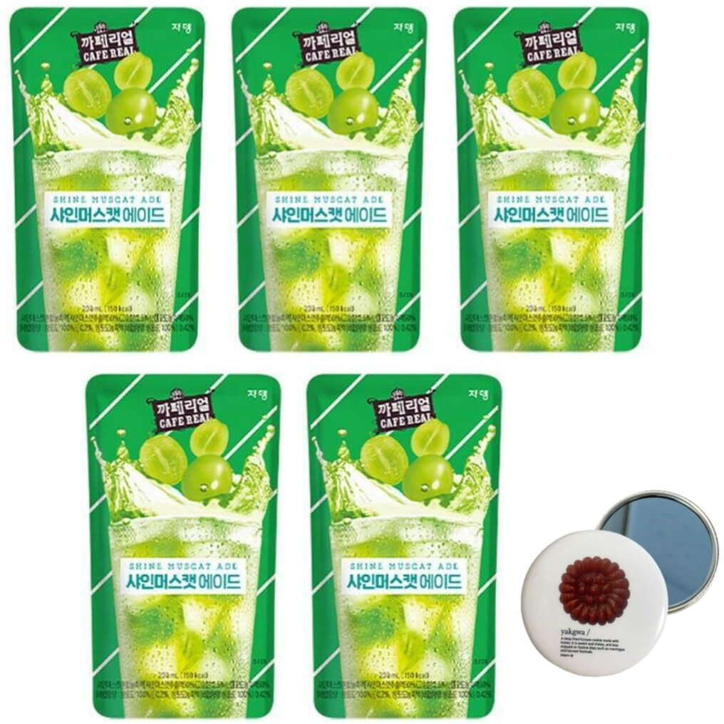 Korean Covenienve Store Drink Pouch Sampler Set - 5 Pack 10 Pack (Grape, Strawberry, Blue Lemonade, Peach Ice Tea, Shine Muscat) + Dalgaru Yakgwa Mirror (Shine Muscat 5 Pack)
