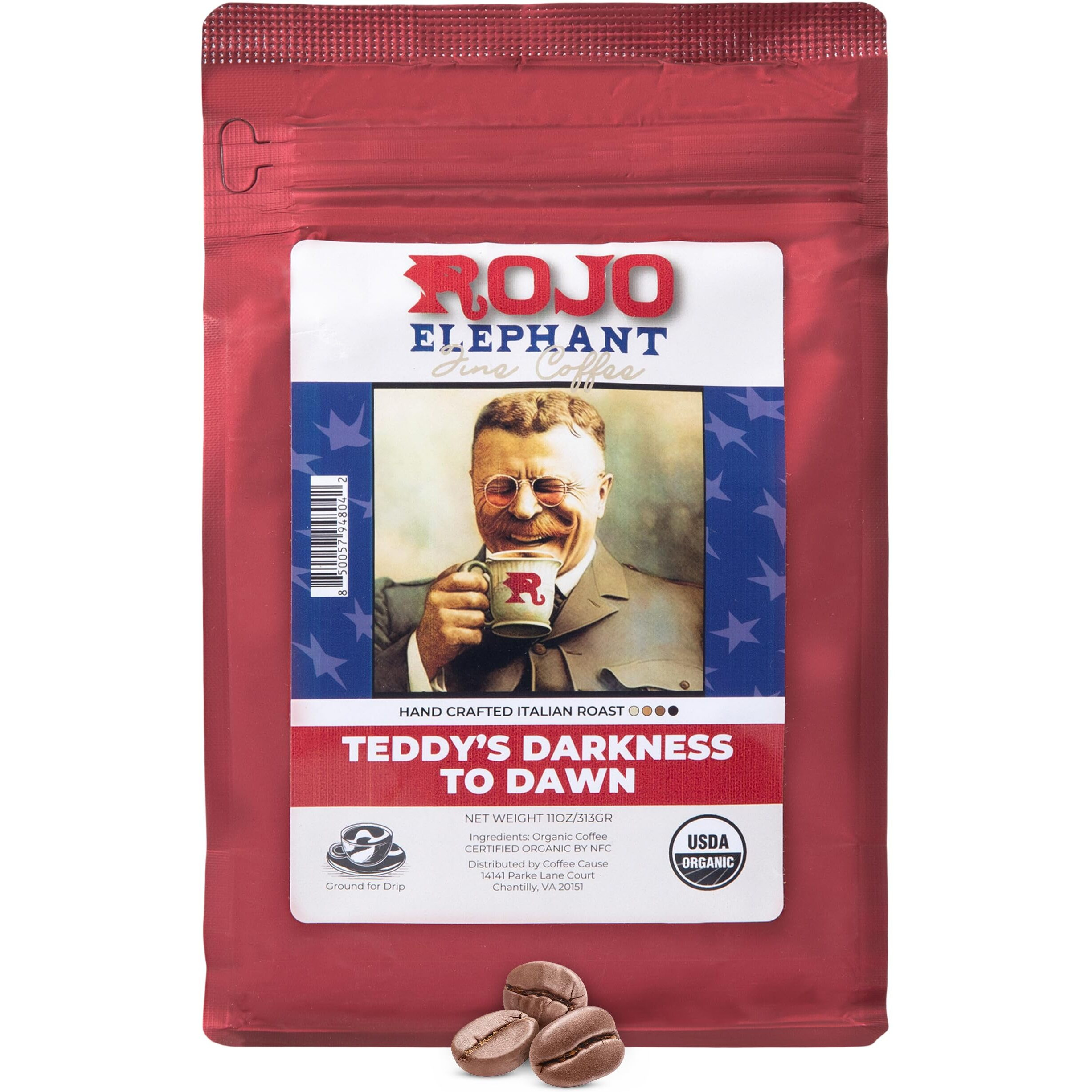 Rojo Elephant Teddy's Darkness To Dawn Handcrafted Italian Roast Ground Coffee, Made From 100% Arabica Beans, Premium, Smooth, Rich Flavor, Usda Organic, 11 0Z Pack