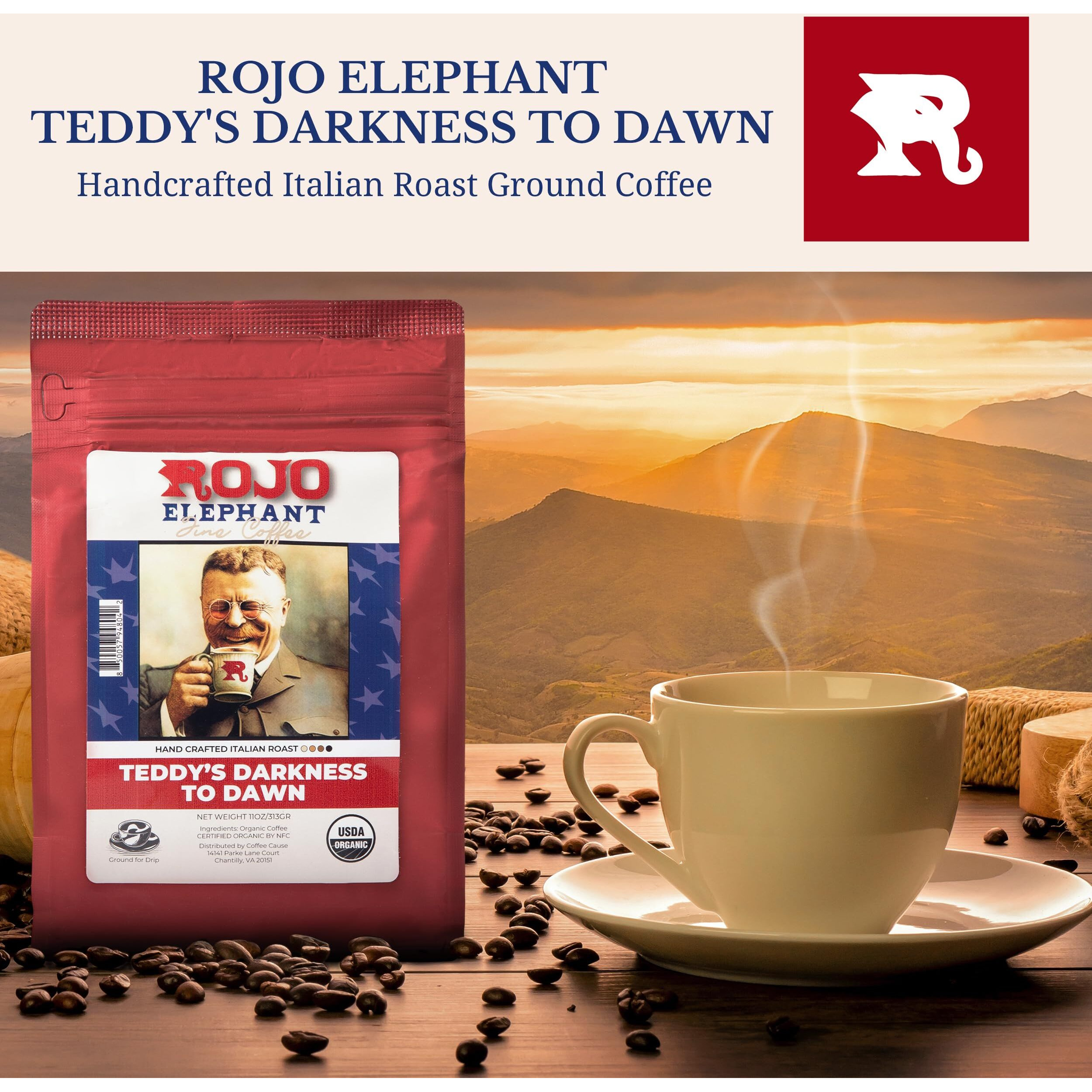 Rojo Elephant Teddy's Darkness To Dawn Handcrafted Italian Roast Ground Coffee, Made From 100% Arabica Beans, Premium, Smooth, Rich Flavor, Usda Organic, 11 0Z Pack