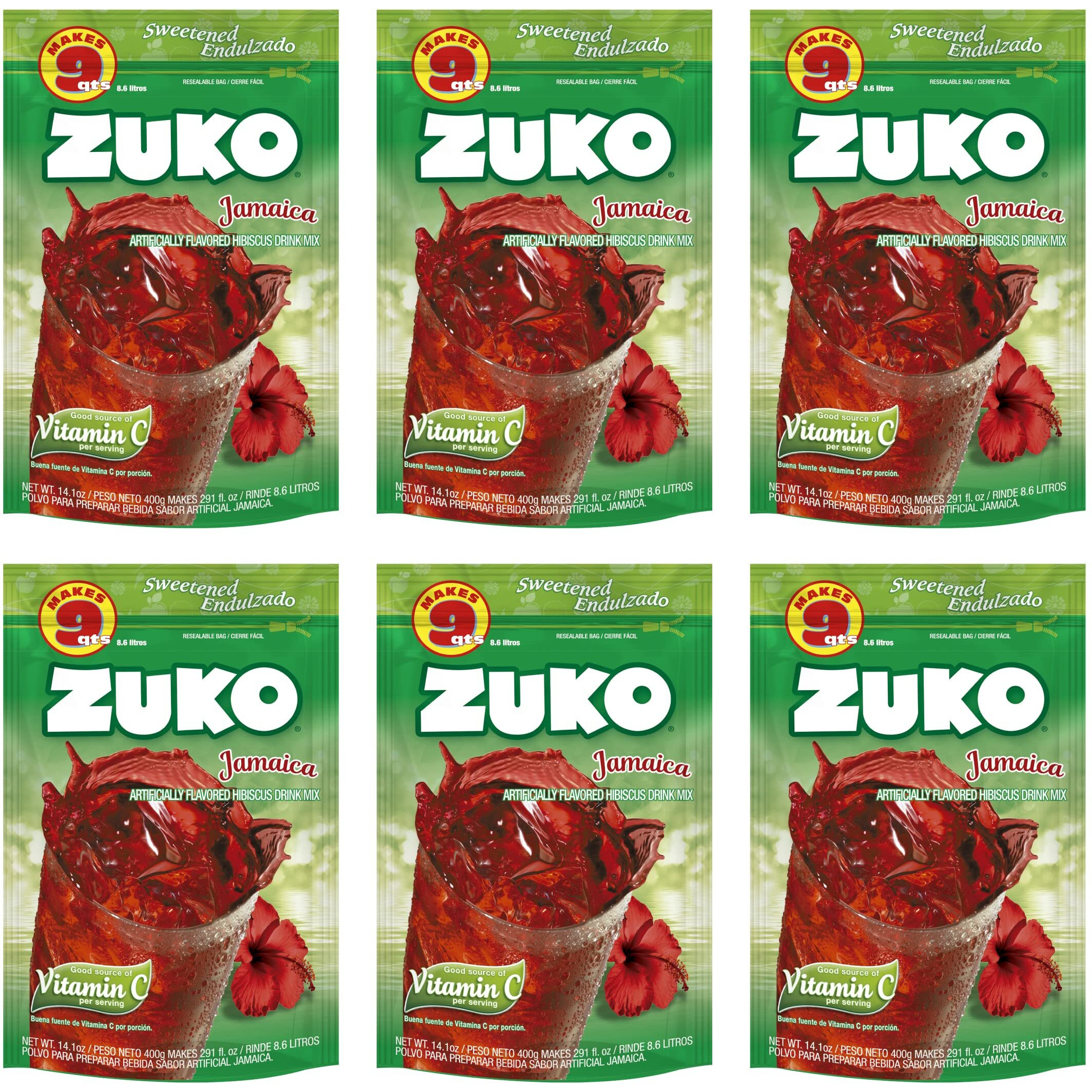 Zuko Jamaica Instant Powder Drink | Family Pack | No Sugar Needed | Vitamin C | 14.1 Ounce (Pack Of 6)