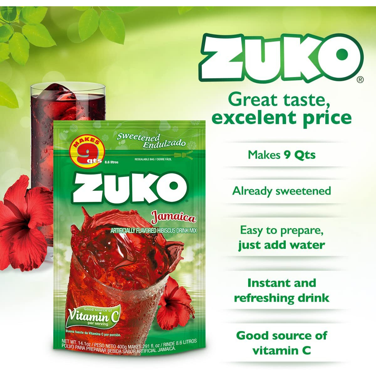 Zuko Jamaica Instant Powder Drink | Family Pack | No Sugar Needed | Vitamin C | 14.1 Ounce (Pack Of 6)