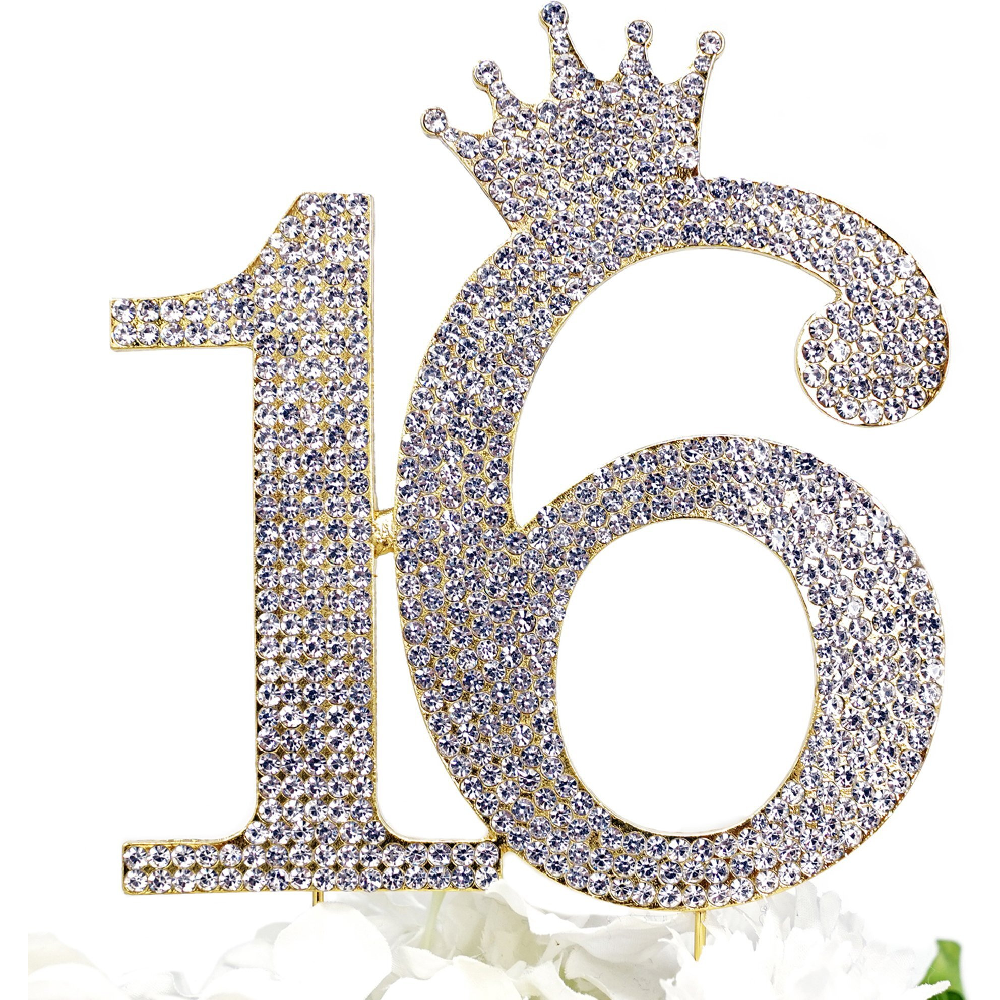 Number 16 Rhinestone Princess Crown Monogram Cake Topper - Sweet 16Th Birthday Party (Gold)