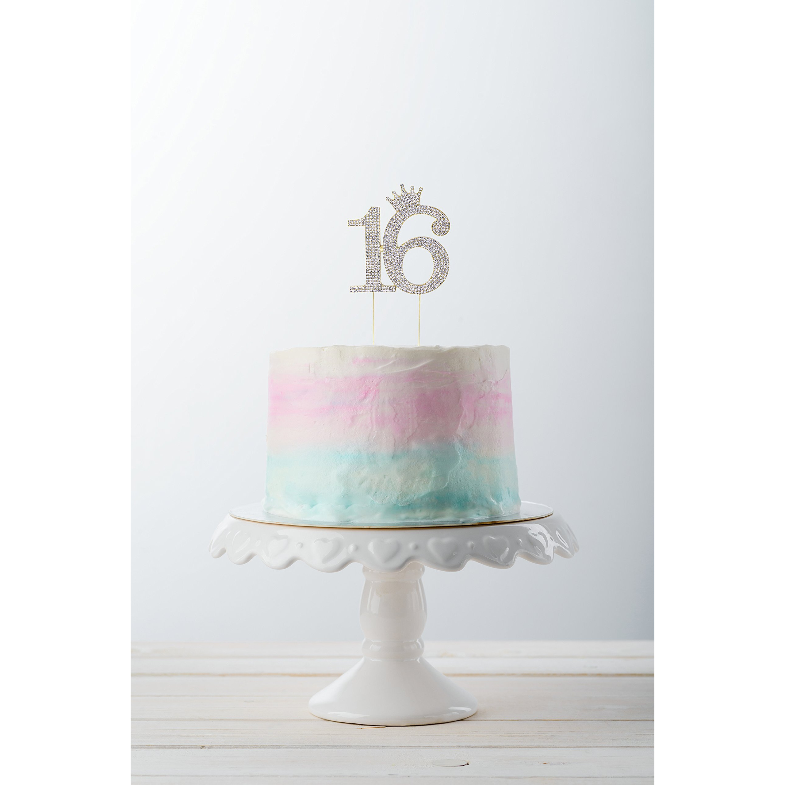 Number 16 Rhinestone Princess Crown Monogram Cake Topper - Sweet 16Th Birthday Party (Gold)
