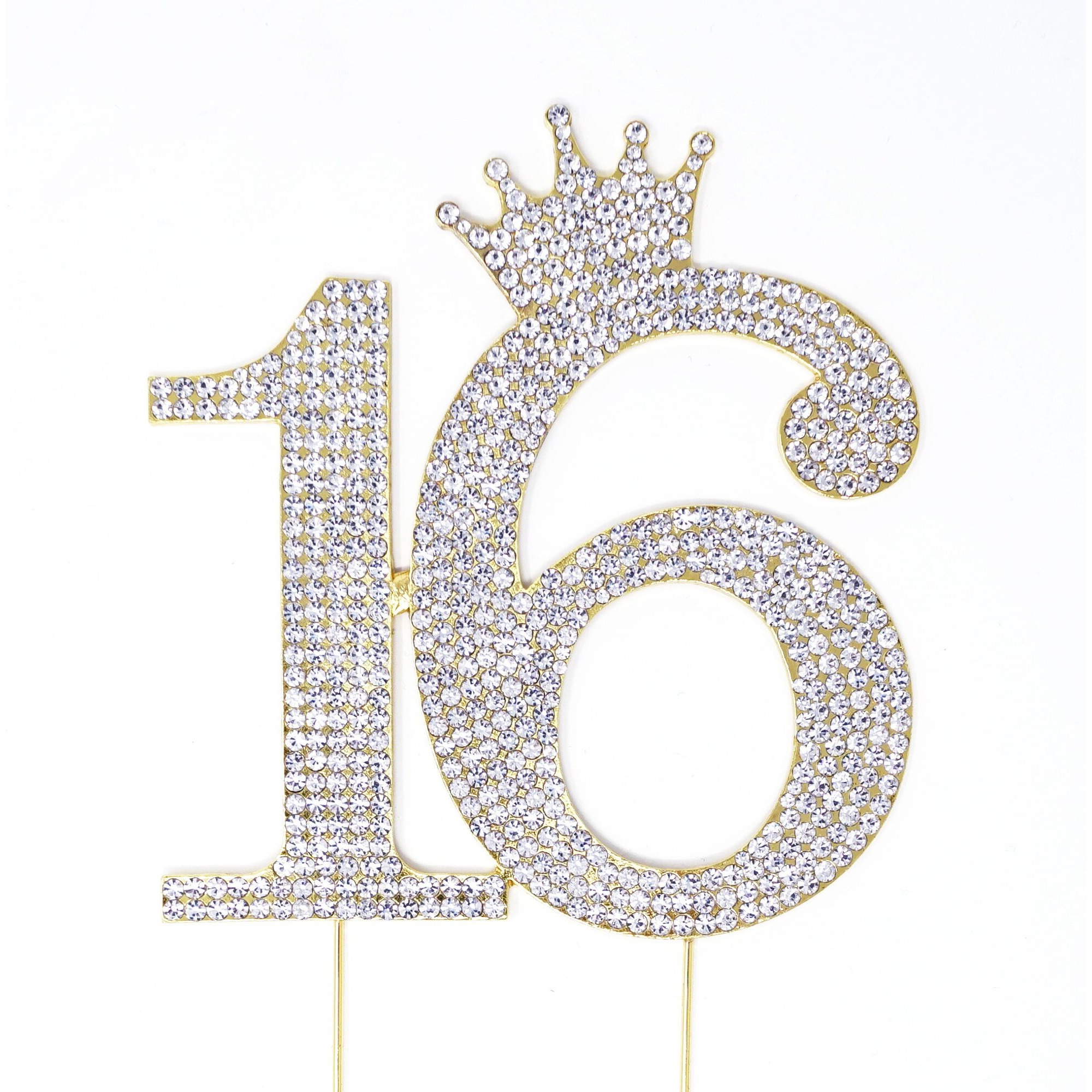 Number 16 Rhinestone Princess Crown Monogram Cake Topper - Sweet 16Th Birthday Party (Gold)