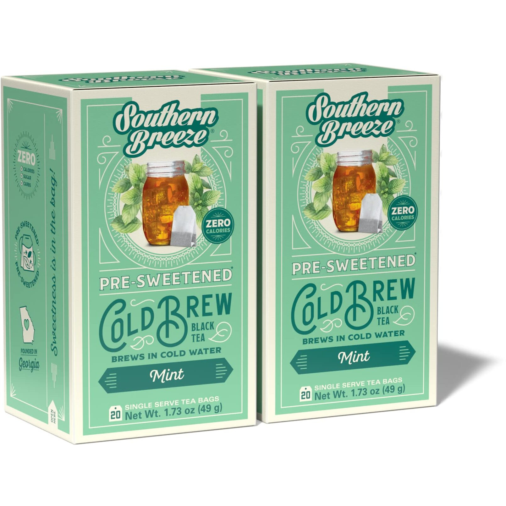Southern Breeze Cold Brew Sweet Tea Mint Iced Tea With Black Tea And Zero Carbs Zero Sugar, 20 Individually Wrapped Tea Bags (Pack Of 2) Southern Sweet Tea Iced Tea Beverage