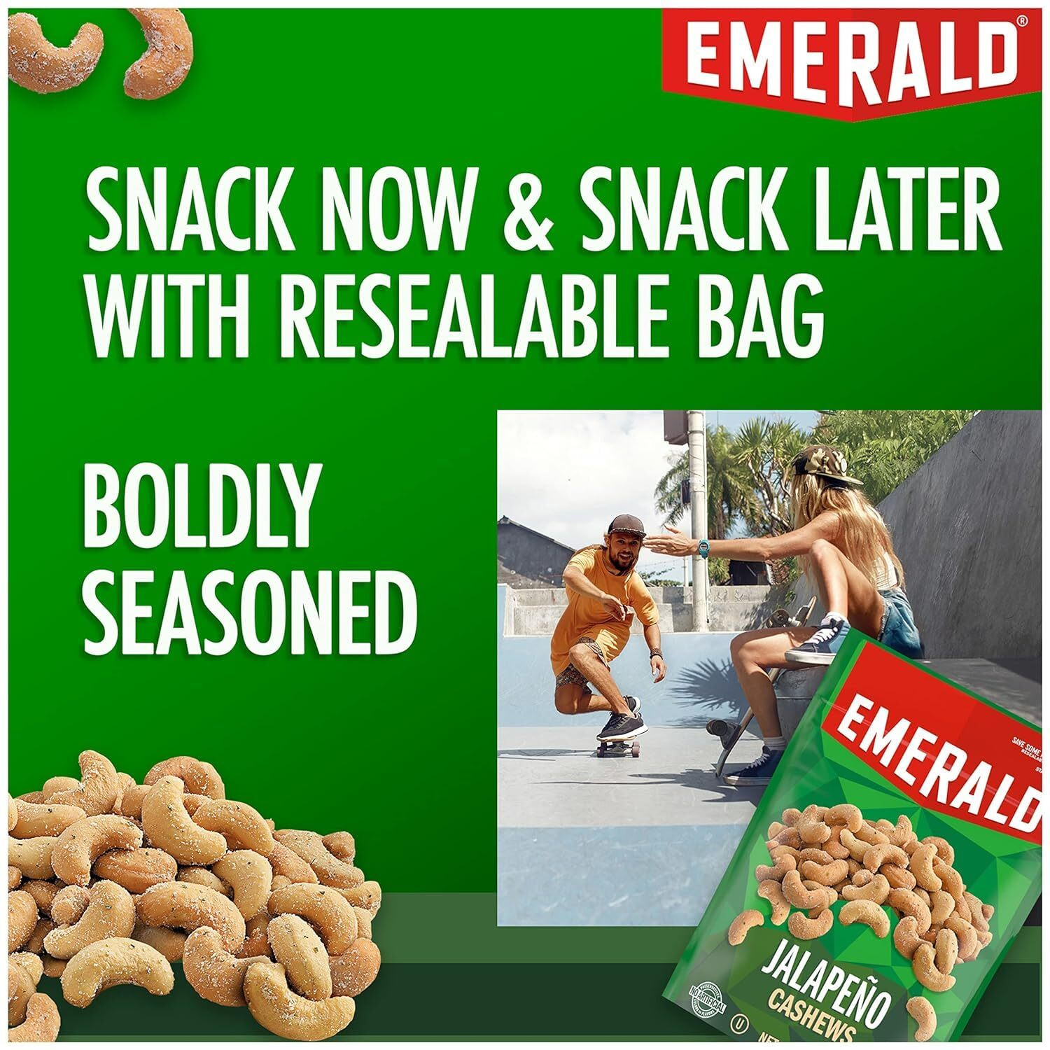Emerald Nuts, Jalapeno Cashews, 5 Oz, Resealable Bag (Pack Of 3)