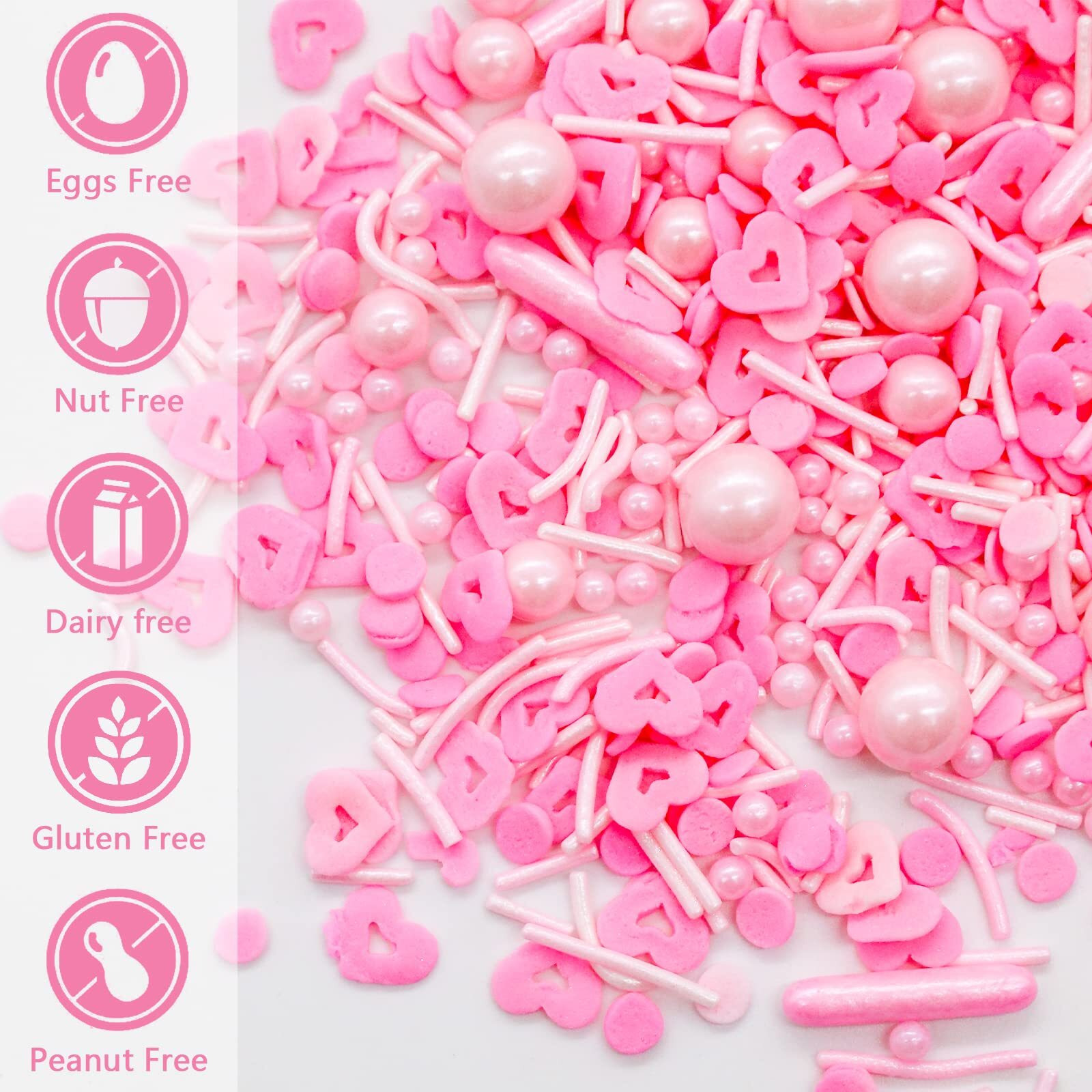 Lebery Valentine's Day Sprinkles Pink Sprinkles Edible Heart Shaped Sprinkle Pink Jimmies Pink Pearl Sprinkles Mixed Valentine Sprinkles For Cake Decorating Cookie Ice Cream Donut - 3 Oz