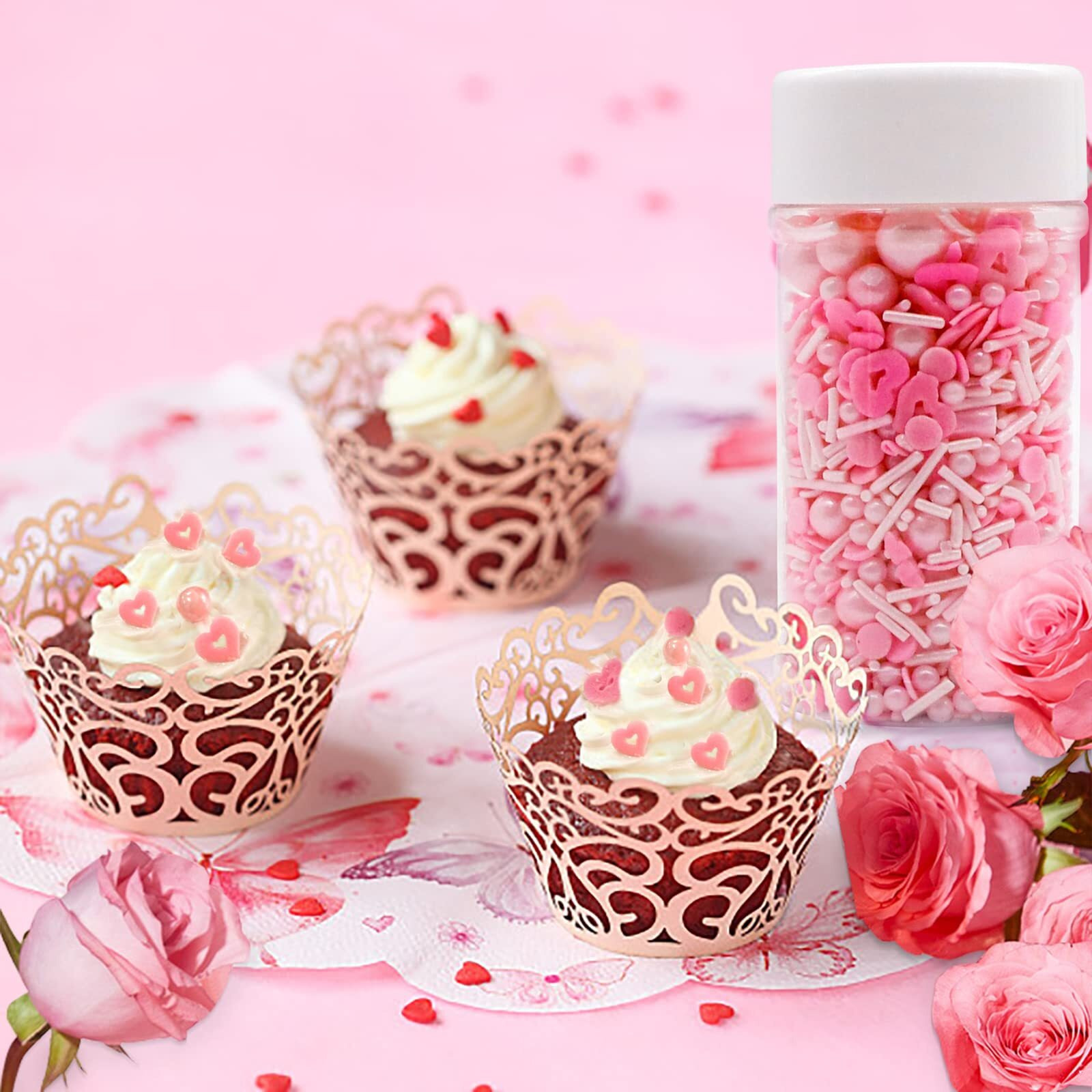 Lebery Valentine's Day Sprinkles Pink Sprinkles Edible Heart Shaped Sprinkle Pink Jimmies Pink Pearl Sprinkles Mixed Valentine Sprinkles For Cake Decorating Cookie Ice Cream Donut - 3 Oz