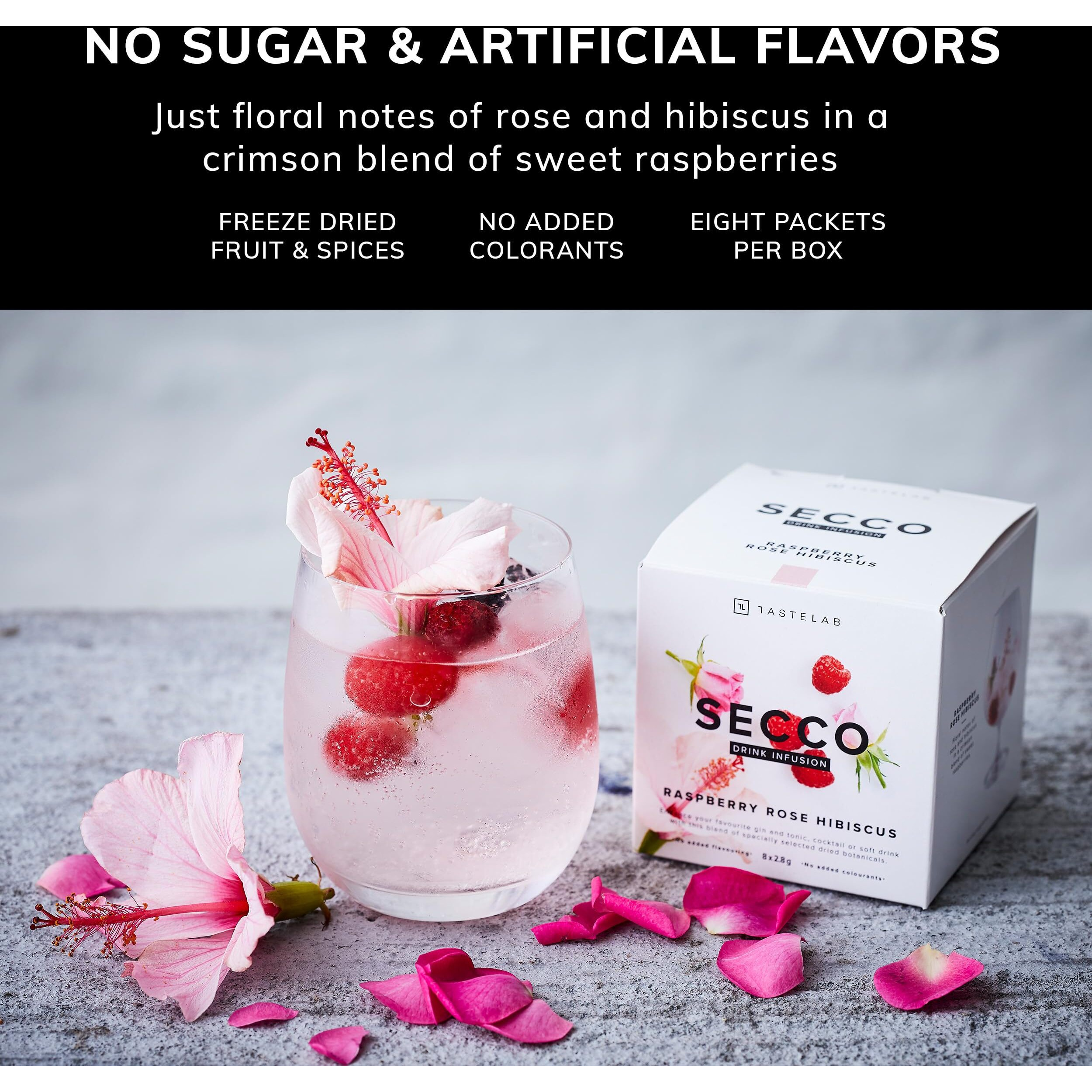 Secco Raspberry Rose Hibiscus Infusion - Botanical Sachets For Gin & Tonic, Cocktail, Mocktail & Vodka Mixers - Alcohol Infusion For All Home Bartending Enthusiasts - Bar Gift - Box Of 8 Packets